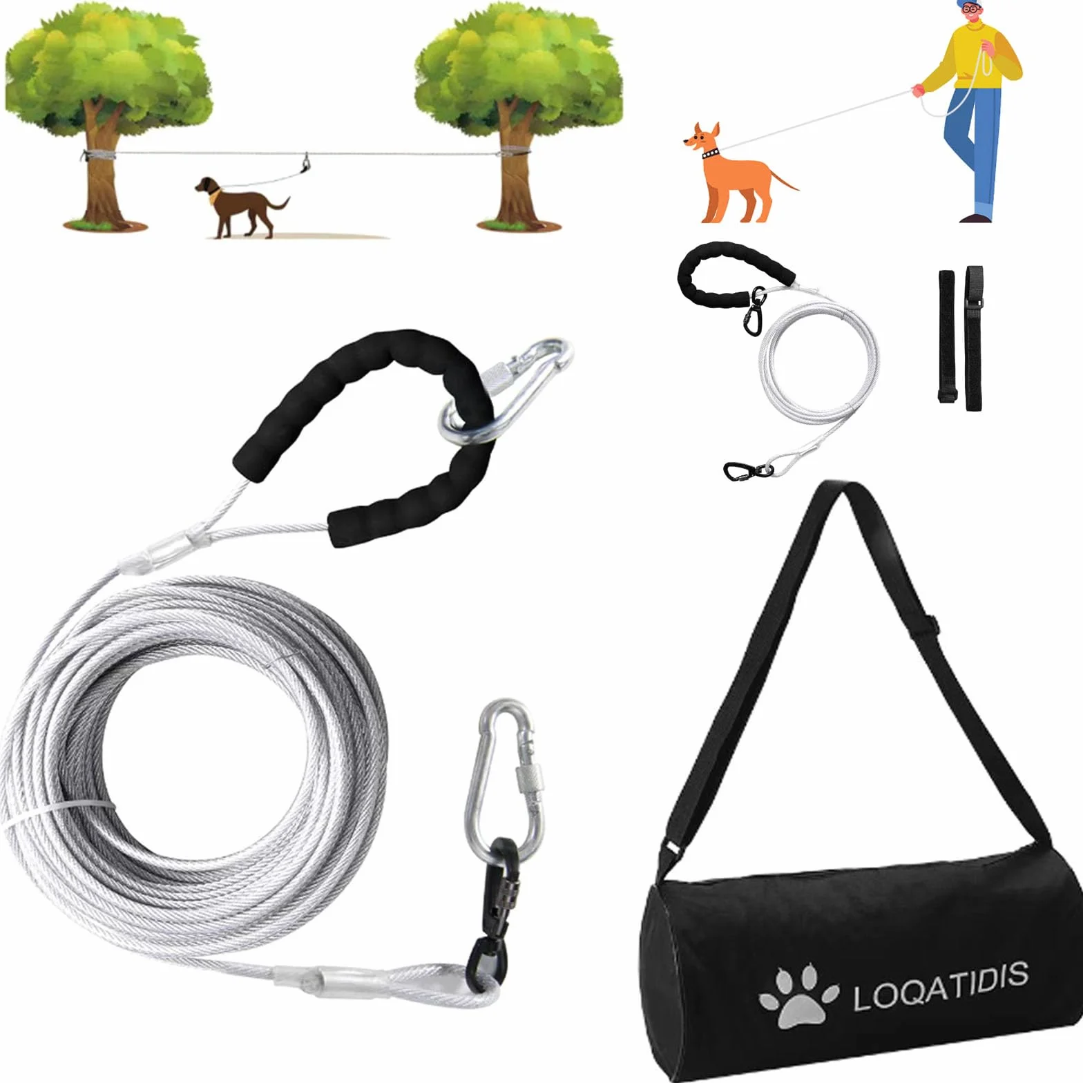 Sistema di Cavi per Cani 3in1, 50/100ft in Metallo Con Gancio Girevole a 360°, Guinzaglio da Corsa per Addestramento in Campeggio 250lbf/15m+3m/Argento