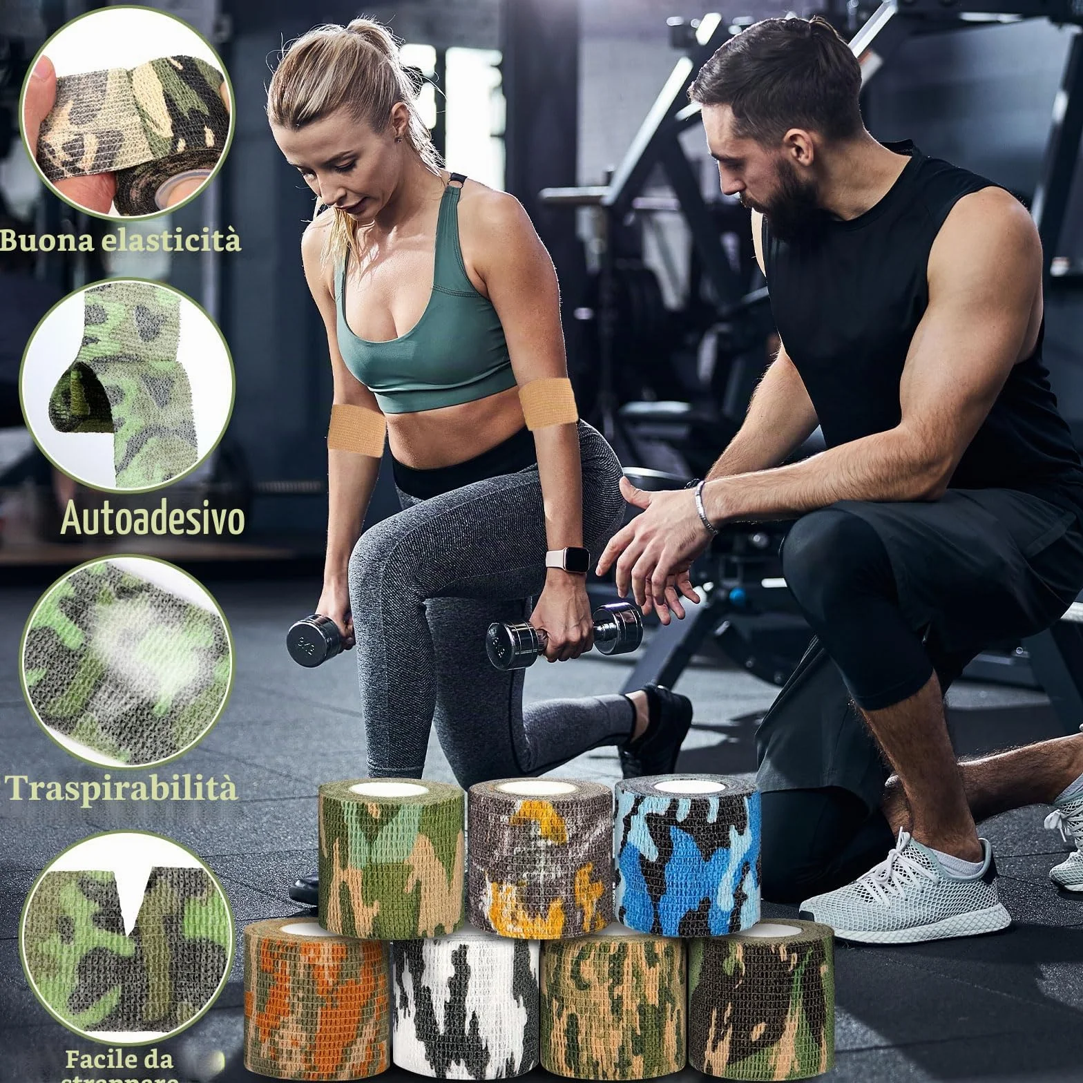 16 Rotoli Benda Elastica Autoadesiva, 5cmx4,5m Benda Elastica Coesiva, Nastro Crossfit, Garza Adesiva Coesiva Benda per Sportivo, Dita, Caviglia, Ginocchia, Gatti, Cani, Cavalli, Mimetico