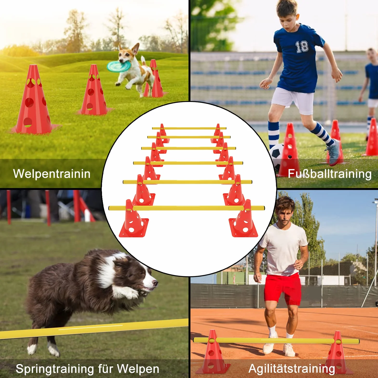 Set di 6 attacchi sportivi, regolabili in altezza, per cani, agilità, allenamento di coordinazione, Ink.12 coni + 6 aste
