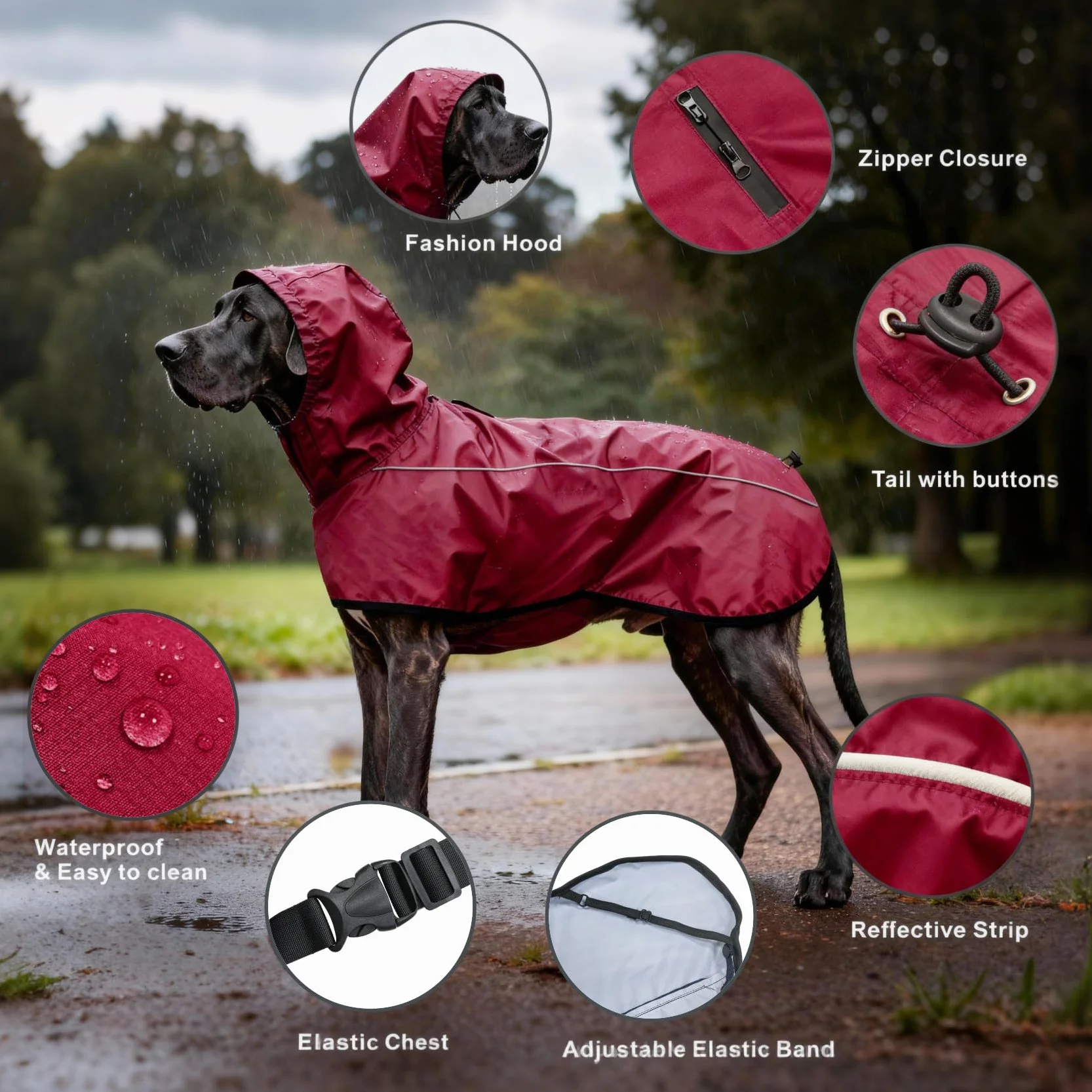Giacca da Impermeabile per Cani Cappuccio Riflettente Cappuccio da Pioggia per Animali Domestici Poncho con Vestiti per Cani Piccoli e Medi (Rosso, S)