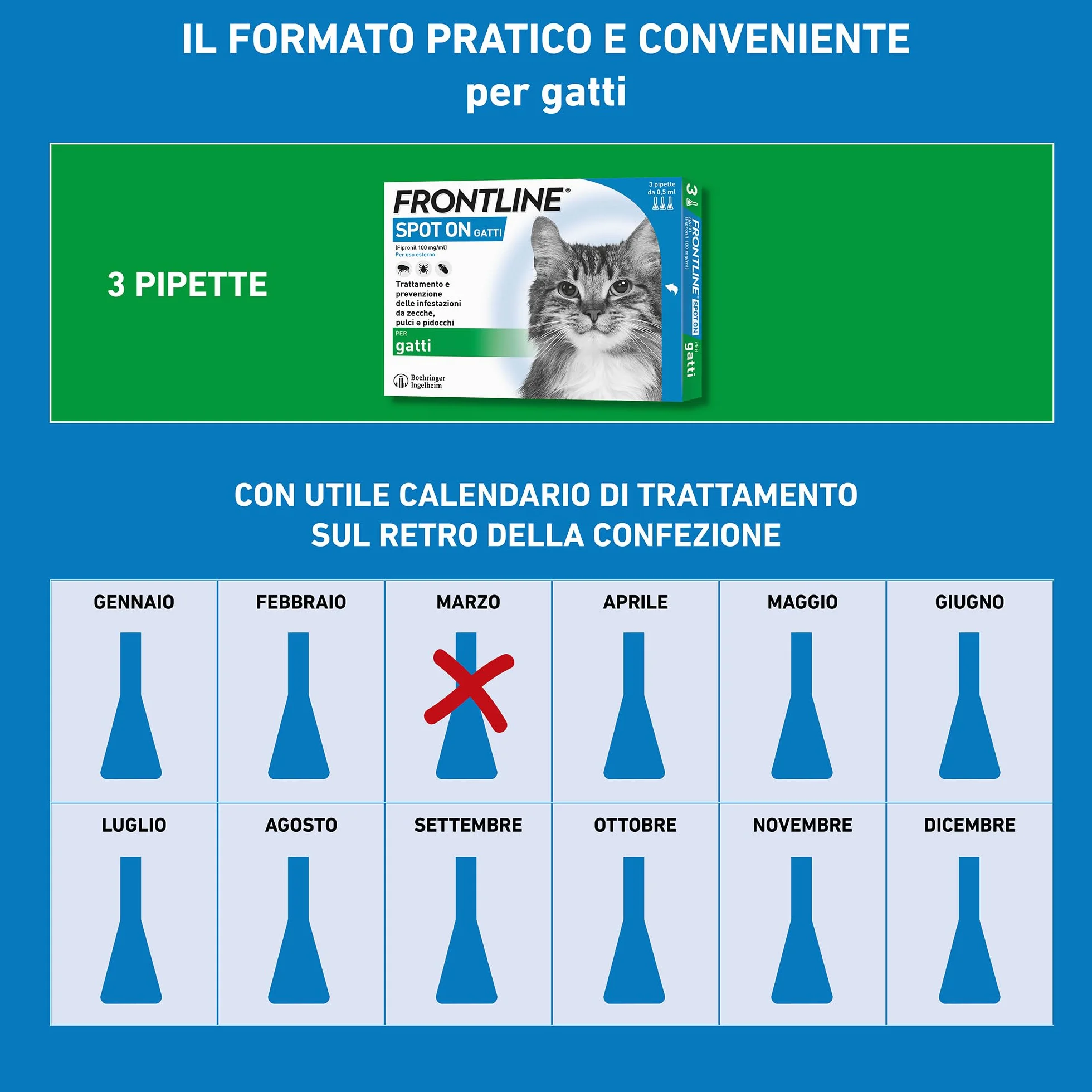 FRONTLINE Spot On 3 Pipette Antiparassitario per Gatti Lunga Durata Protegge da Zecche Pulci Pidocchi 0.5 ml