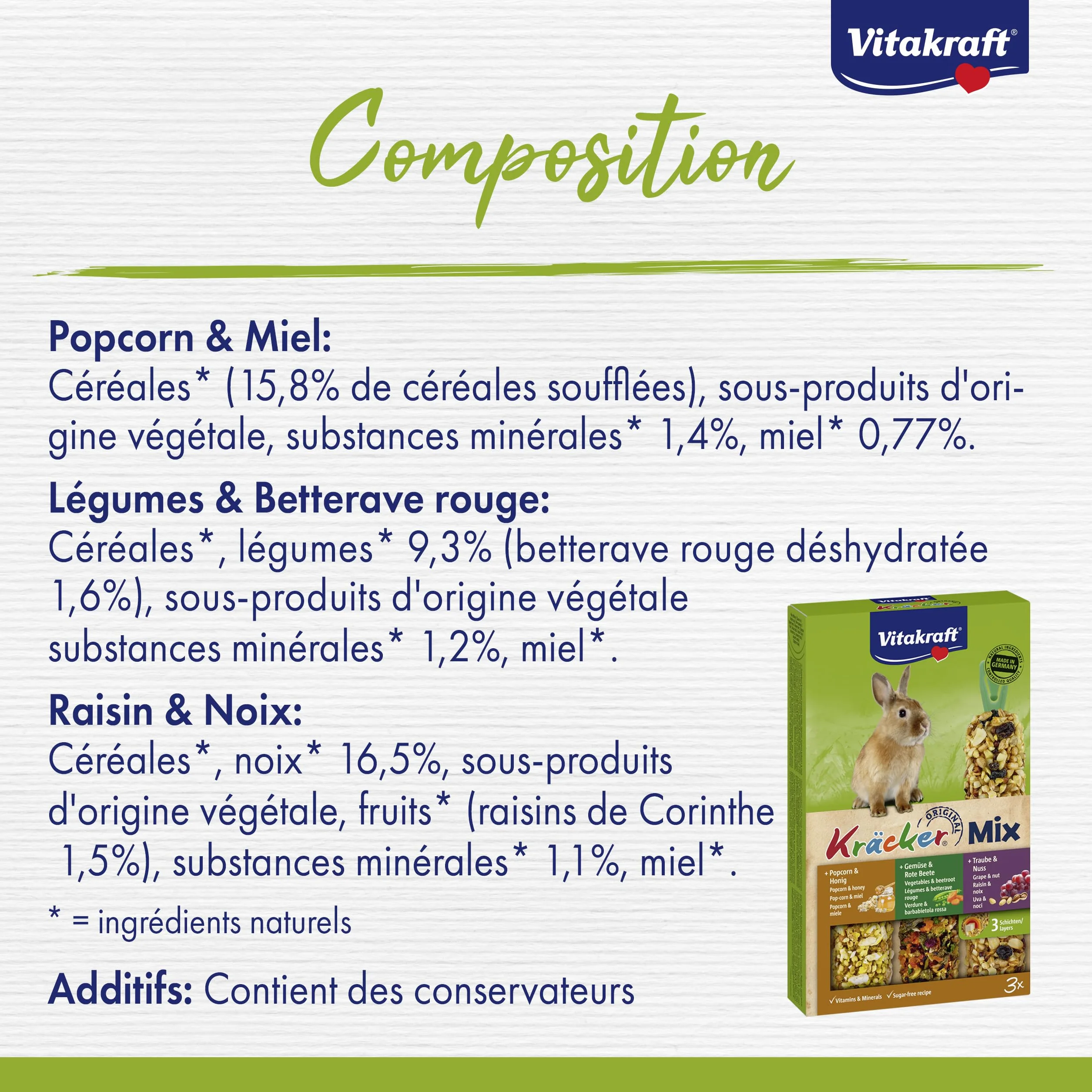 Vitakraft Kräcker Mix, bastoncini da sgranocchiare per conigli nani, con popcorn e miele, con verdura e barbabietola rossa, con uva e noci, senza l'aggiunta di zuccheri e cereali (1x 160g)