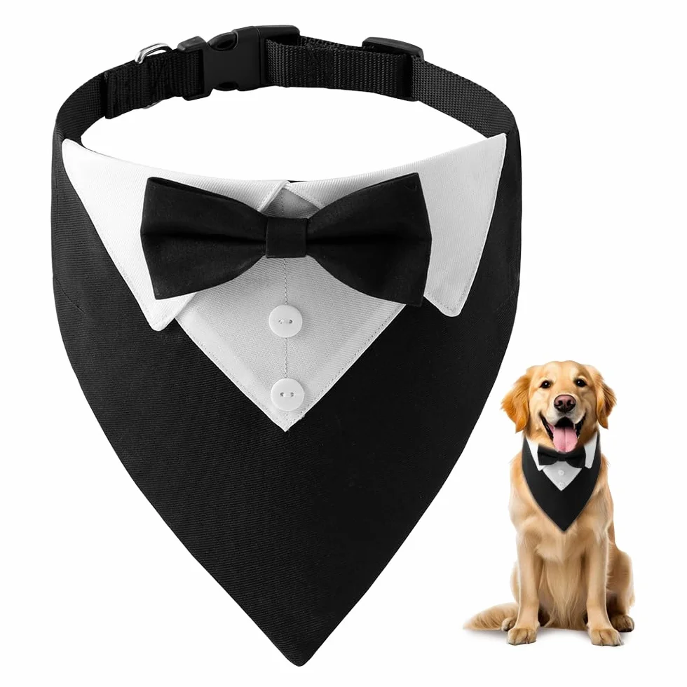 Bandana per Cani Formale 36-60 cm, Collare Smoking Cane con Foulard e Papillon, Sciarpa Cravatta Regolabile, Costume Elegante per Animali Domestici - Nero