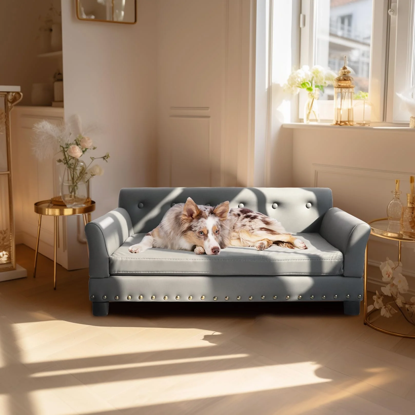 BingoPaw Divano per Cani Lusso: Grande Media Poltrona per cane in Pelle in microfibra Traspirante Impermeabile Rialzato Divanetto per cane Resistente Sedia per cani 96x70x40cm
