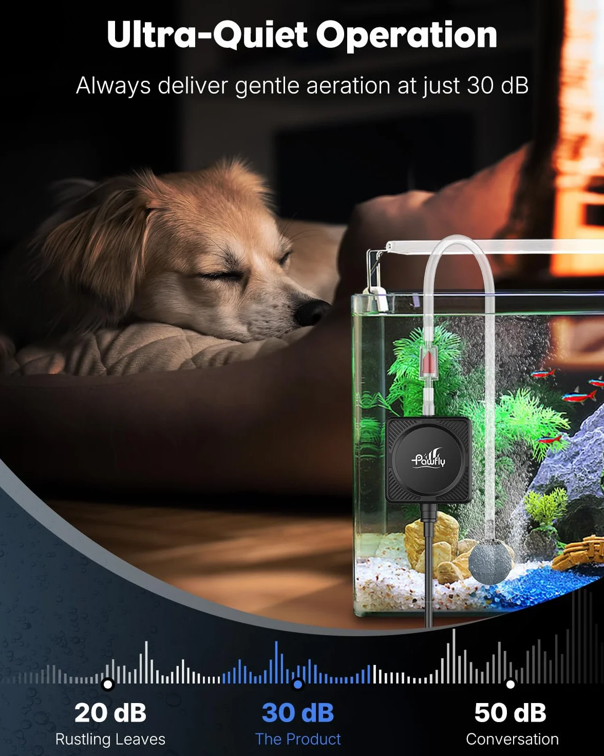 Pawfly Pompa Aria Acquario 450 mL/min 1.3 W, Ultra Silenziosa Mini Bollitore per Vasche fino a 60 L, Ossigenatore Portatile con Tubo, Pietra Porosa, Valvola di Non Ritorno