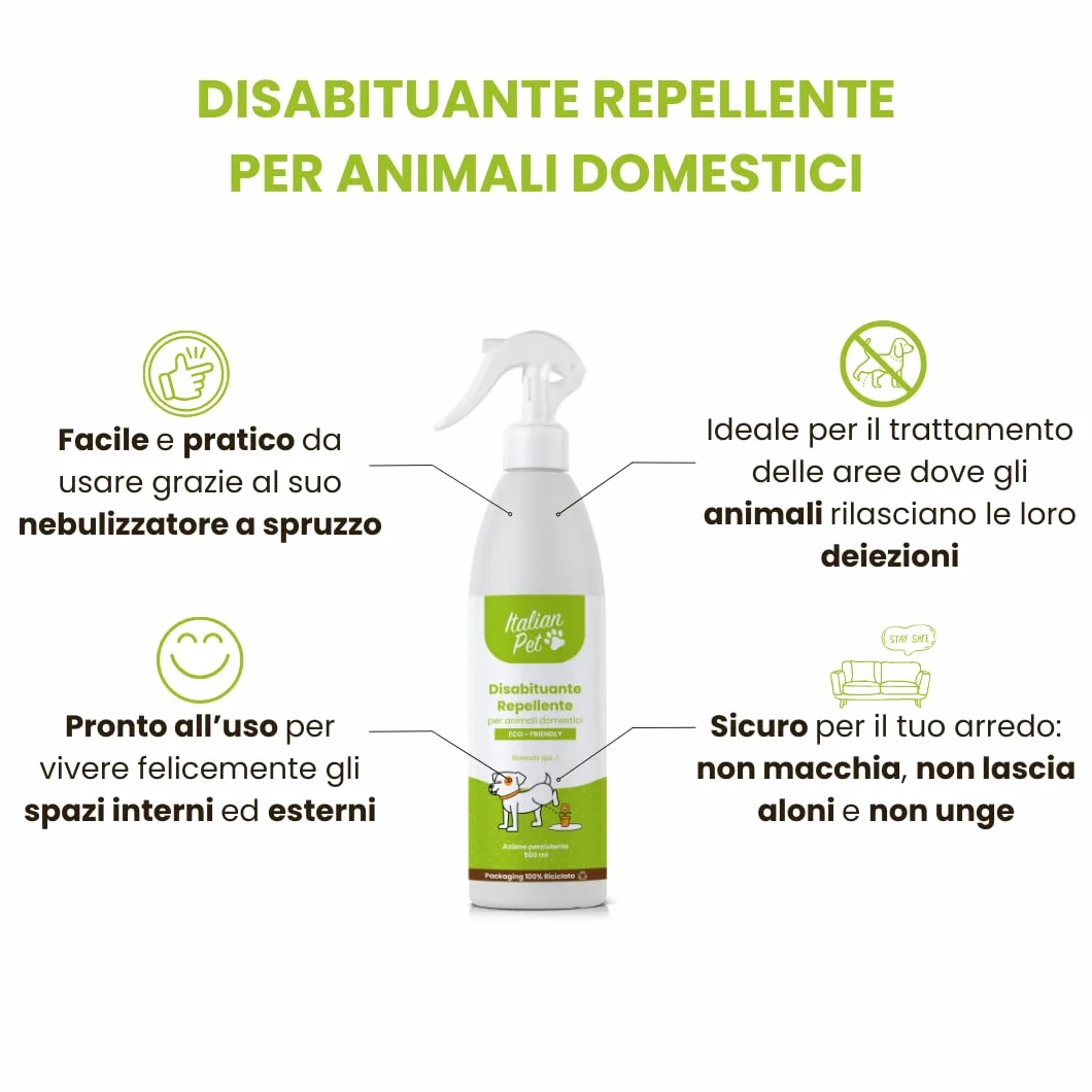 Italian Pet Eco Disabituante per Gatti, Cani, Animali Domestici - Repellente Pipì da Esterno e Interno - Dissuasore Naturale Urine Pronto Uso - Innocuo per Salute - Flacone plastica 100% riciclata