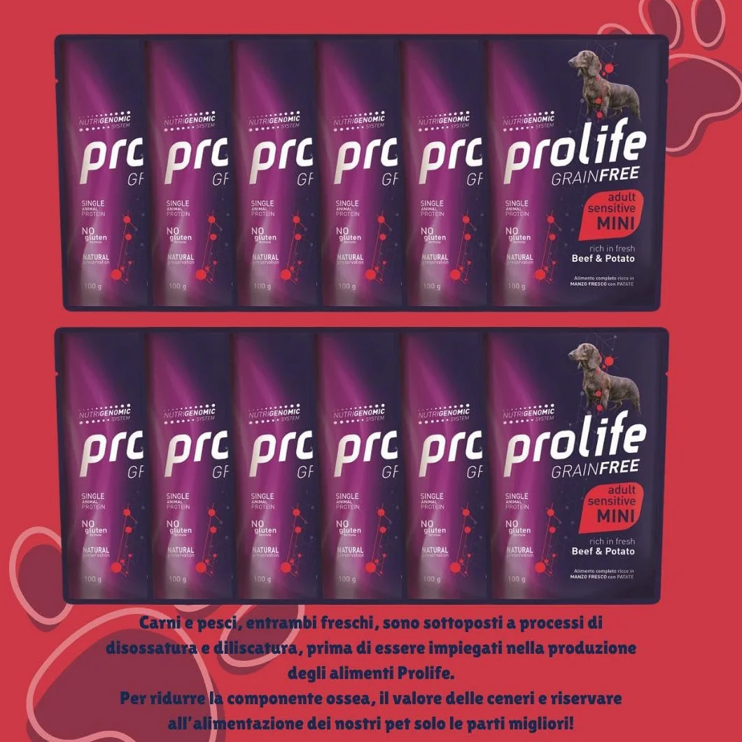 Prolife umido cane monoproteico sensitive grainfree (senza cereali) adult mini MANZO e PATATE 100g | 12 bustine da 100 grammi l'una.