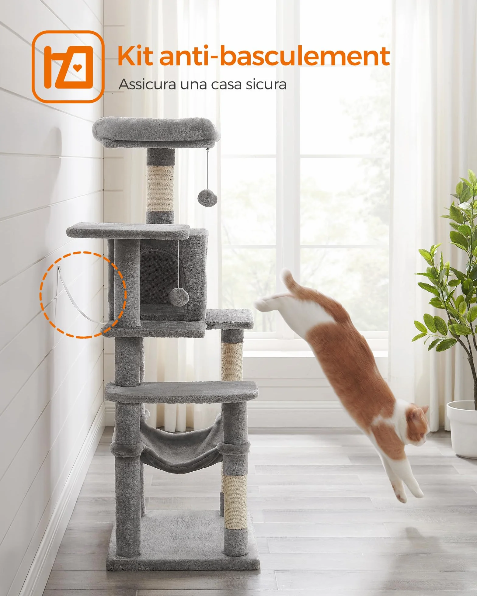 Feandrea Albero per Gatti Alto 143 cm, Tiragraffi per Gatti, con 4 Pali Graffiatoi, 2 Posatoi, 1 Grotta, 1 Amaca, 2 Pompon, in Peluche a Più Livelli, Grigio Chiaro PCT161W01