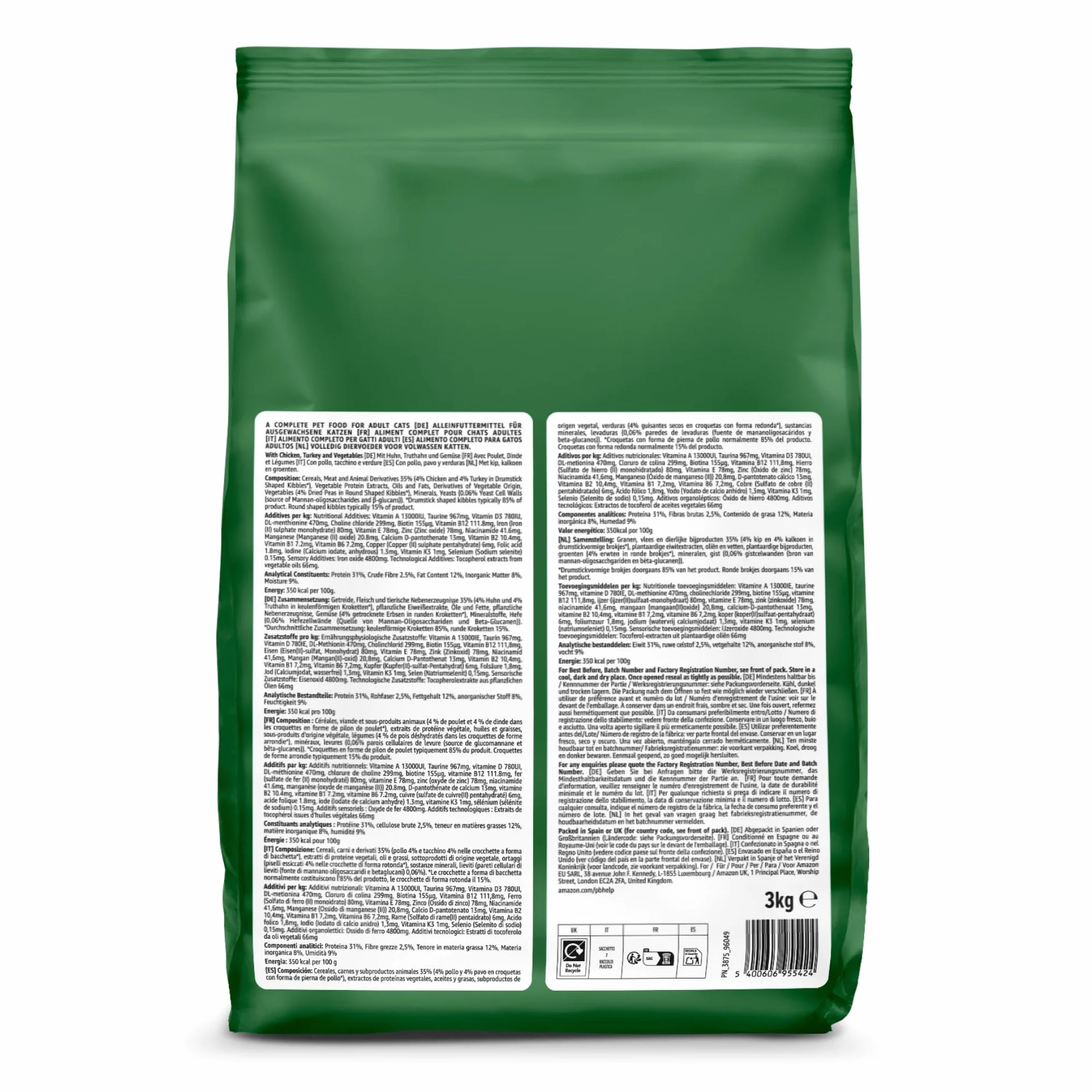 Alimento secco completo per gatti adulti con pollo, tacchino e verdure, 3 kg