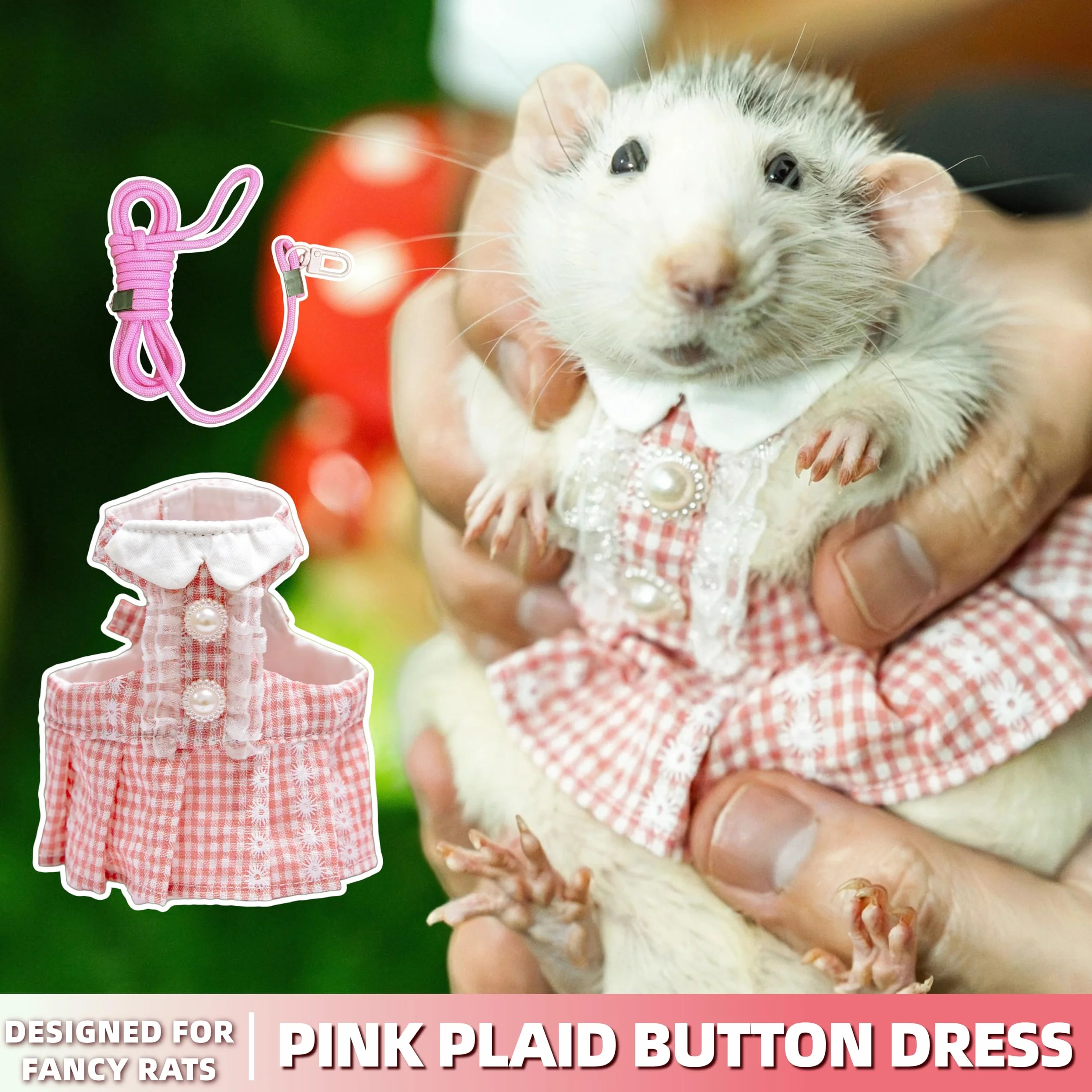 SMOLKITH Abbigliamento per Ratti Domestici, Vestito Rosa a Quadri Taglia L Regolabile con Guinzaglio
