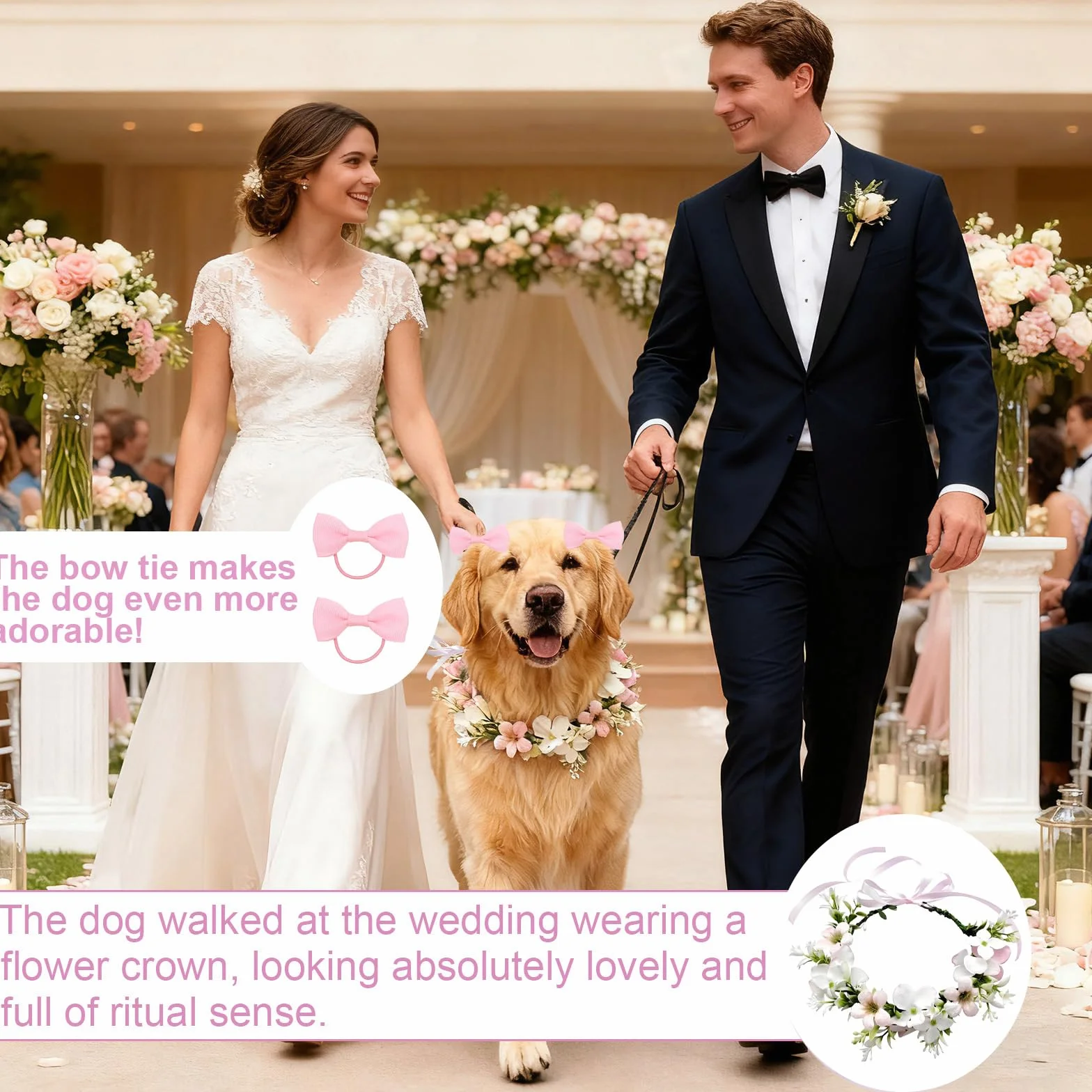 Papillon per Cane, Fiore Elegante con Fiori e Nastro, Adatto a Tutte Le Taglie di Cane, Regolabile, Perfetto per Matrimoni e Occasioni Speciali