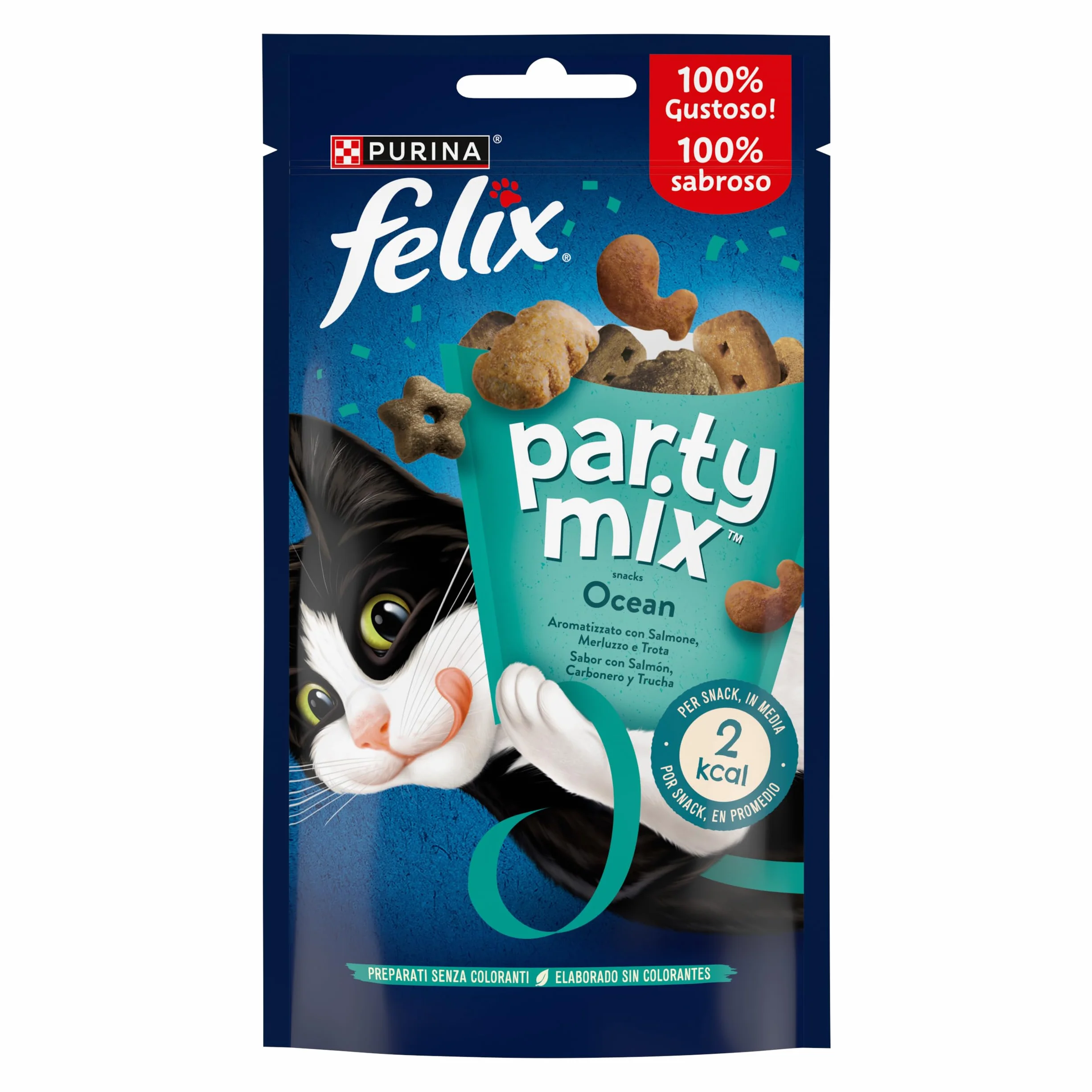 FELIX Party Mix Snack per Gatti Adulti - Croccantini per Gatti con Salmone, Merluzzo e Trota, 8 Confezioni da 60 g