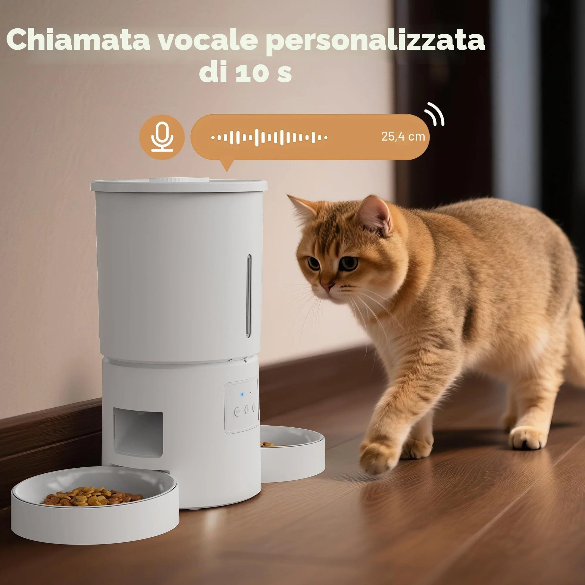 Distributore Automatico Cibo Gatti 2 Ciotole: 5L Distributore Automatico Cibo Cane con Timer WiFi 2.4G per Crocchette - Design Doppia Ciotola per Famiglie con Più Gatti & Cani - Bianco