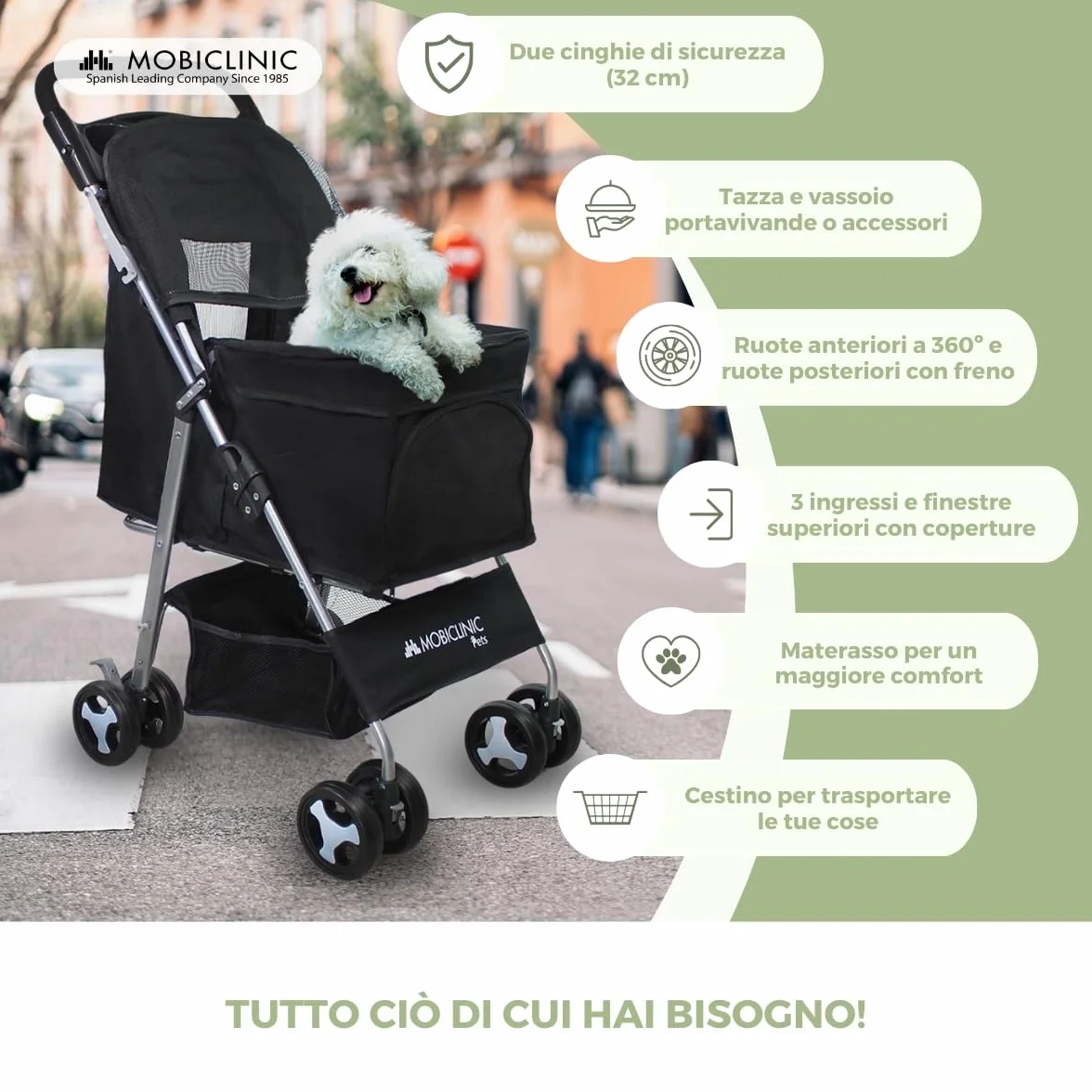 Mobiclinic Zuma Passeggino per cani fino a 15 kg Ruote con freni 360° Cestino xxl (nero)