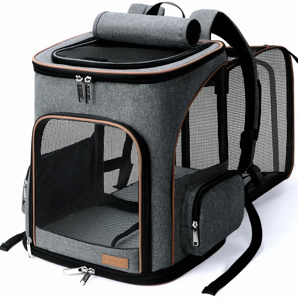 Lekesky Zaino per Cani Gatti Grande Porta Animali Estensibile, Portatile Zaino Trasportino Gatto Pieghevole con Guinzaglio Interno e 2 Tappetini, Per Cani Piccoli Gatti Medi Fino a 5 KG, Grigio