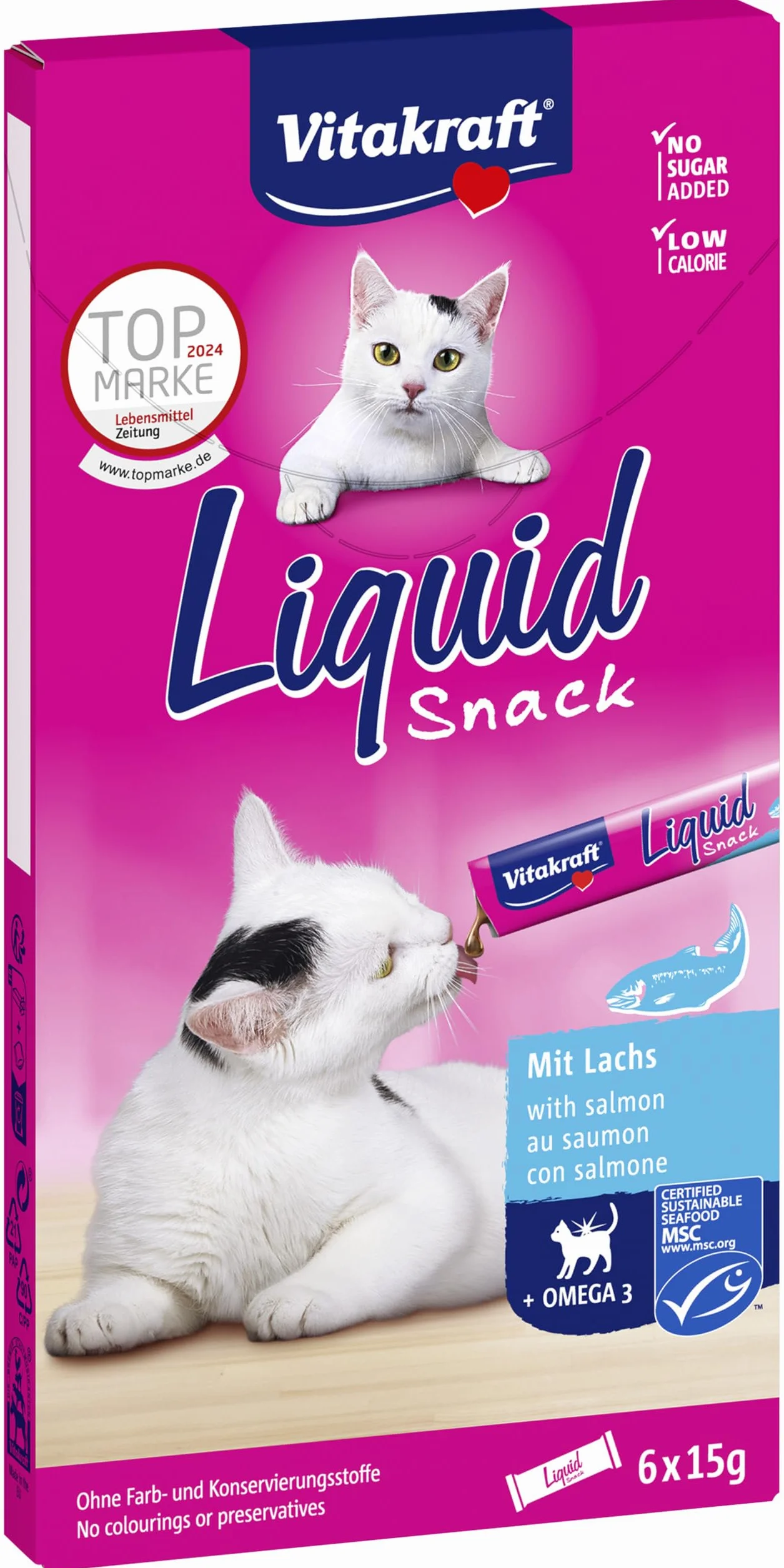 Vitakraft Liquid Snack gatto con salmone MSC omega 3 pelle sana 6x85g