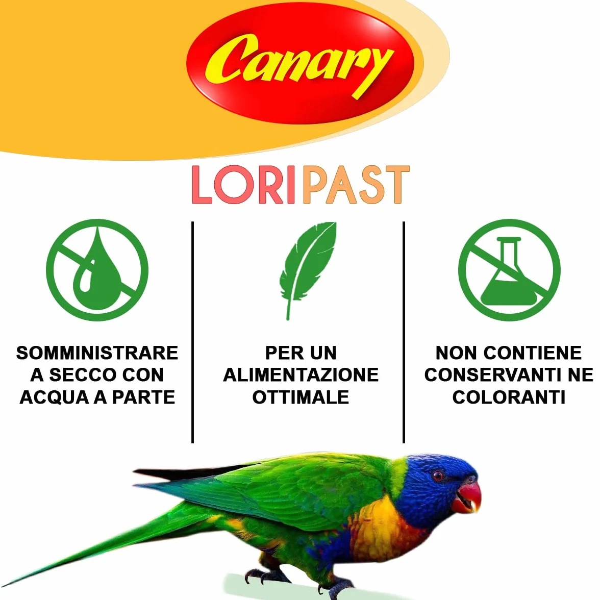 Canary Loripast 5kg, mangime per lorichetti e pappagalli, pastoncino in farina per lori, alimento completo per alimentazione a secco, confezione da 5Kg.