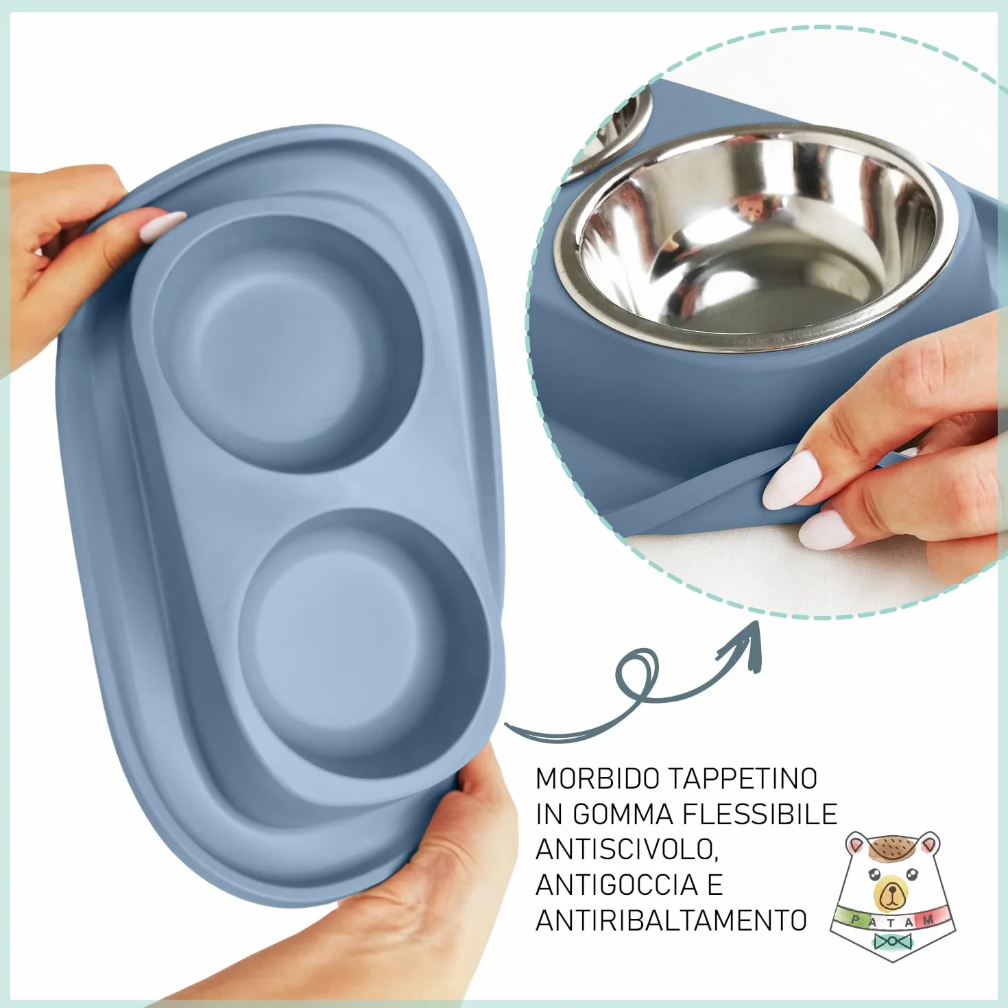 PATAM ciotola doppia per gatti in acciaio inossidabile con tappetino morbido antiscivolo, antiribaltamento Made in Italy - Jerry Blu