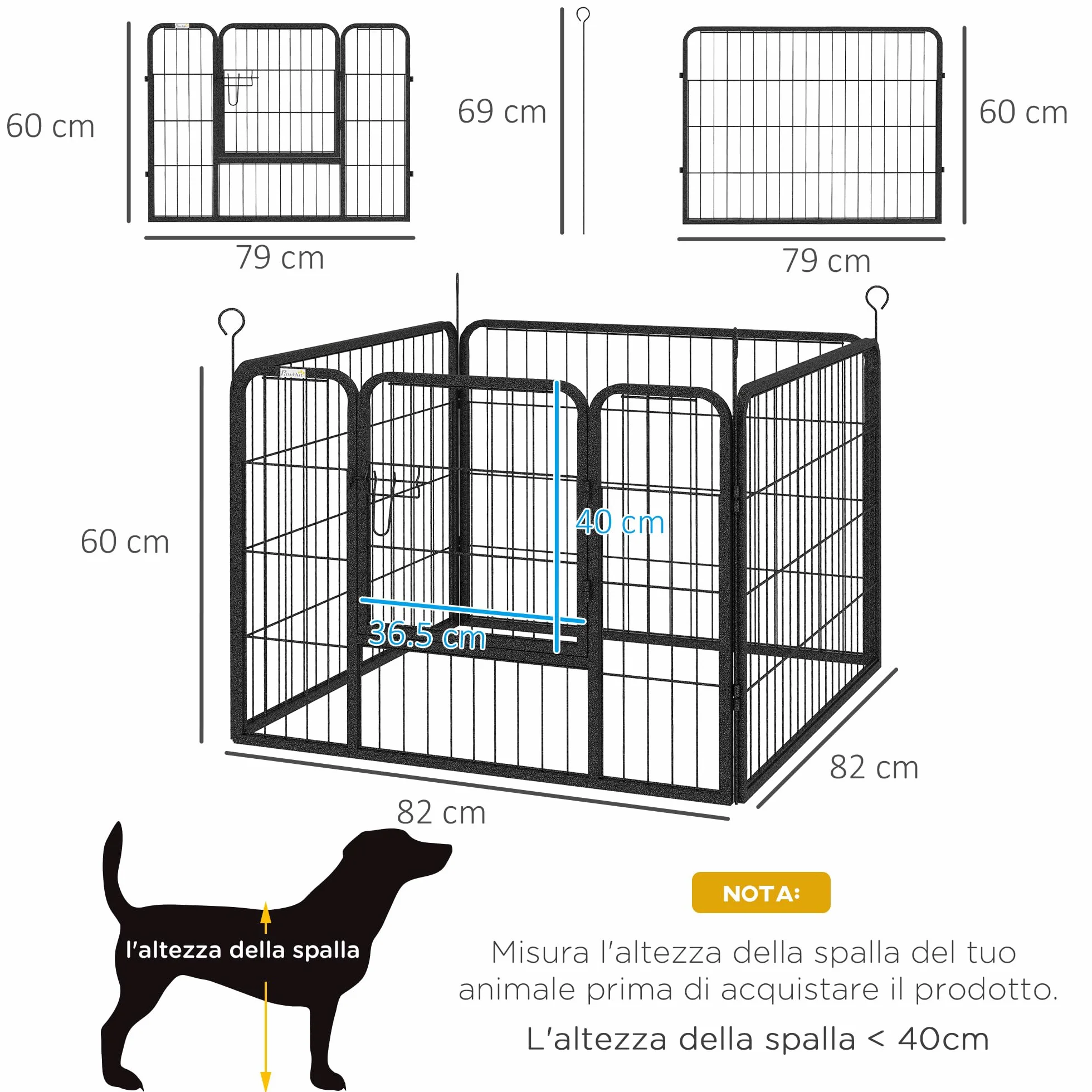 PawHut Recinto per Cani Pieghevole in Metallo, per Interno ed Esterno con Porta con Catenaccio e Picchetti, 82x82x60cm Grigio