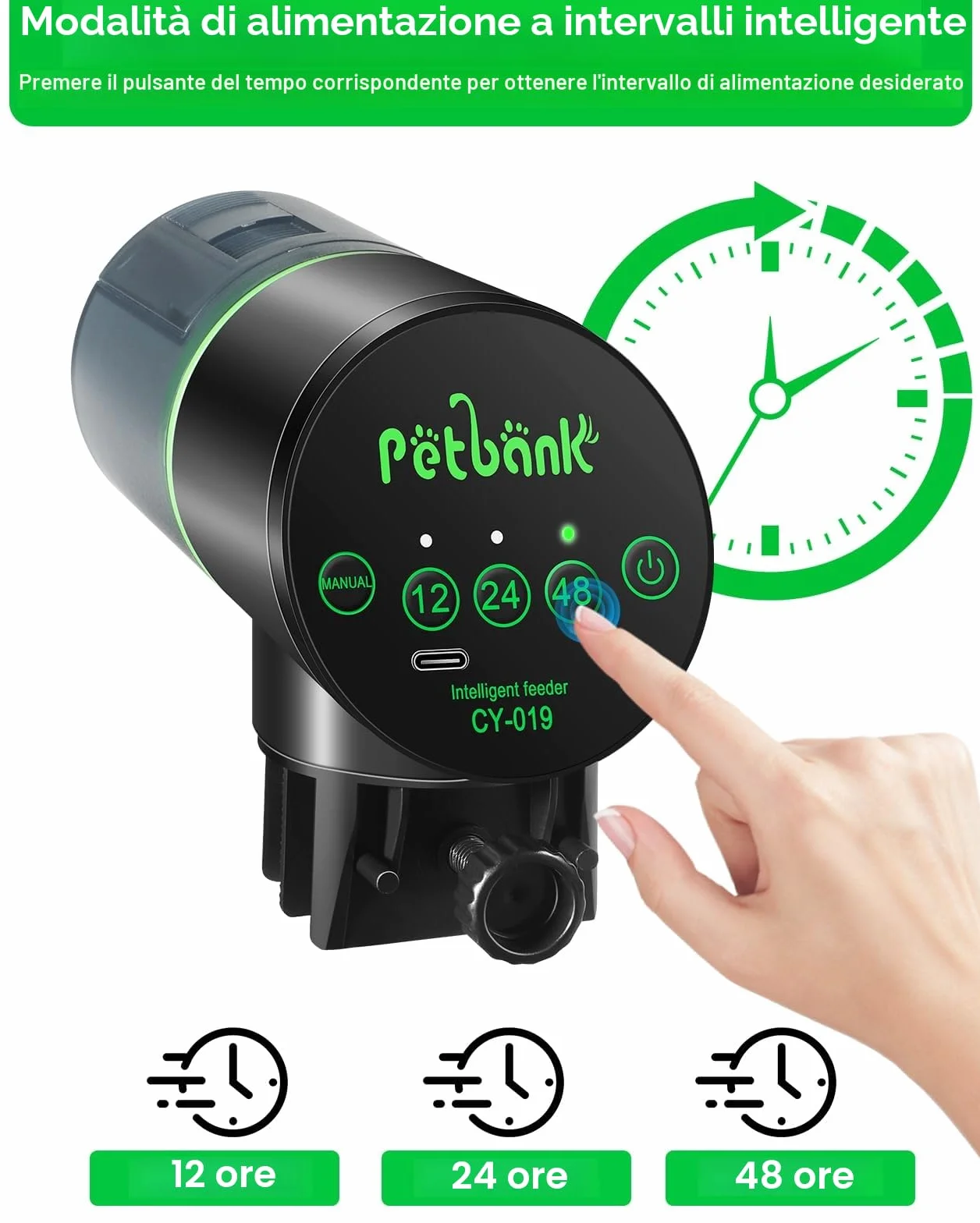 Mangiatoia Automatica Acquario Pesci 12/24/48 Ore con Cavo USB Charger, Nero