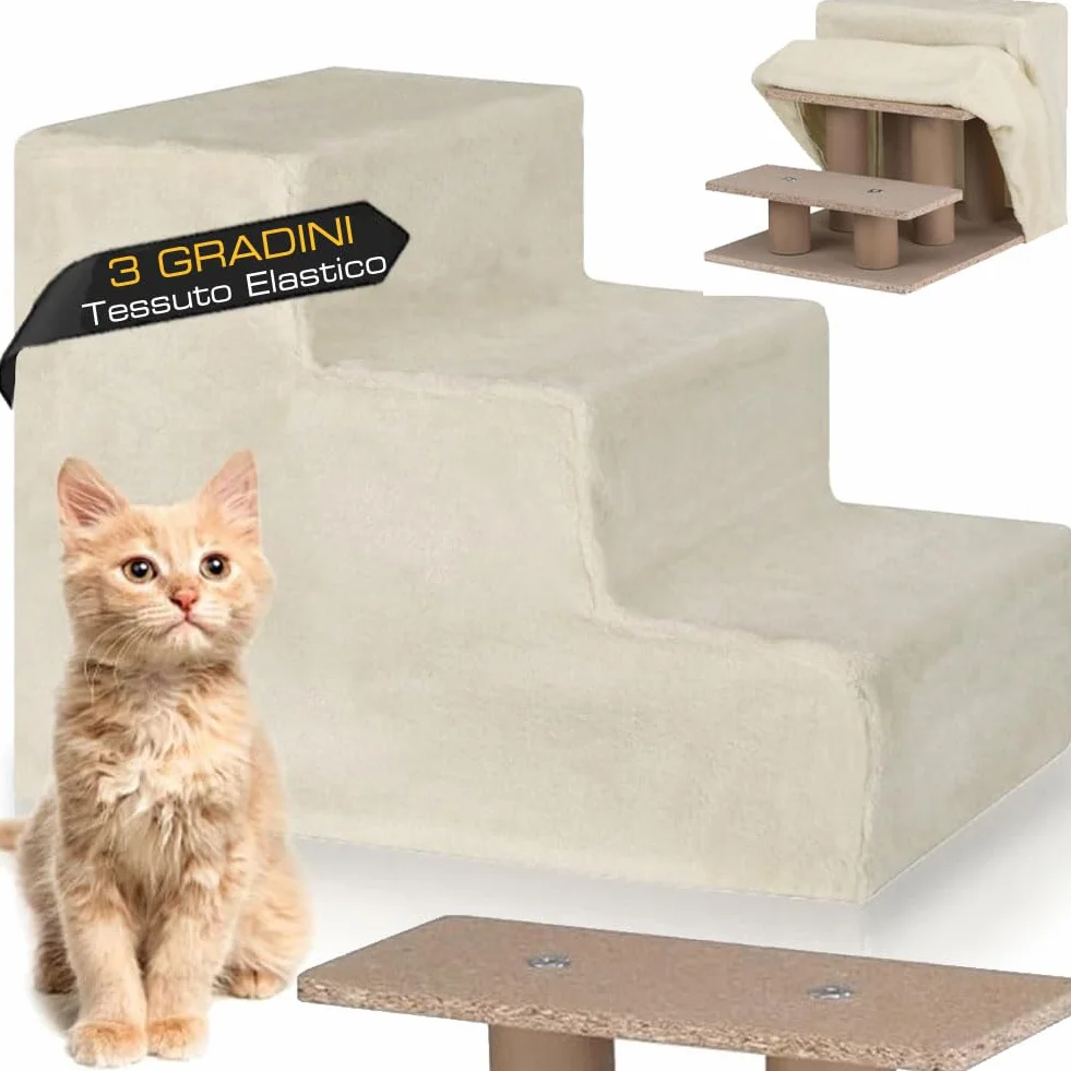 BAKAJI Scala per Animali Domestici con 3 Gradini, Rampa per Gatti e Cani Anziani, 45,5 x 36 x 34 cm, Beige