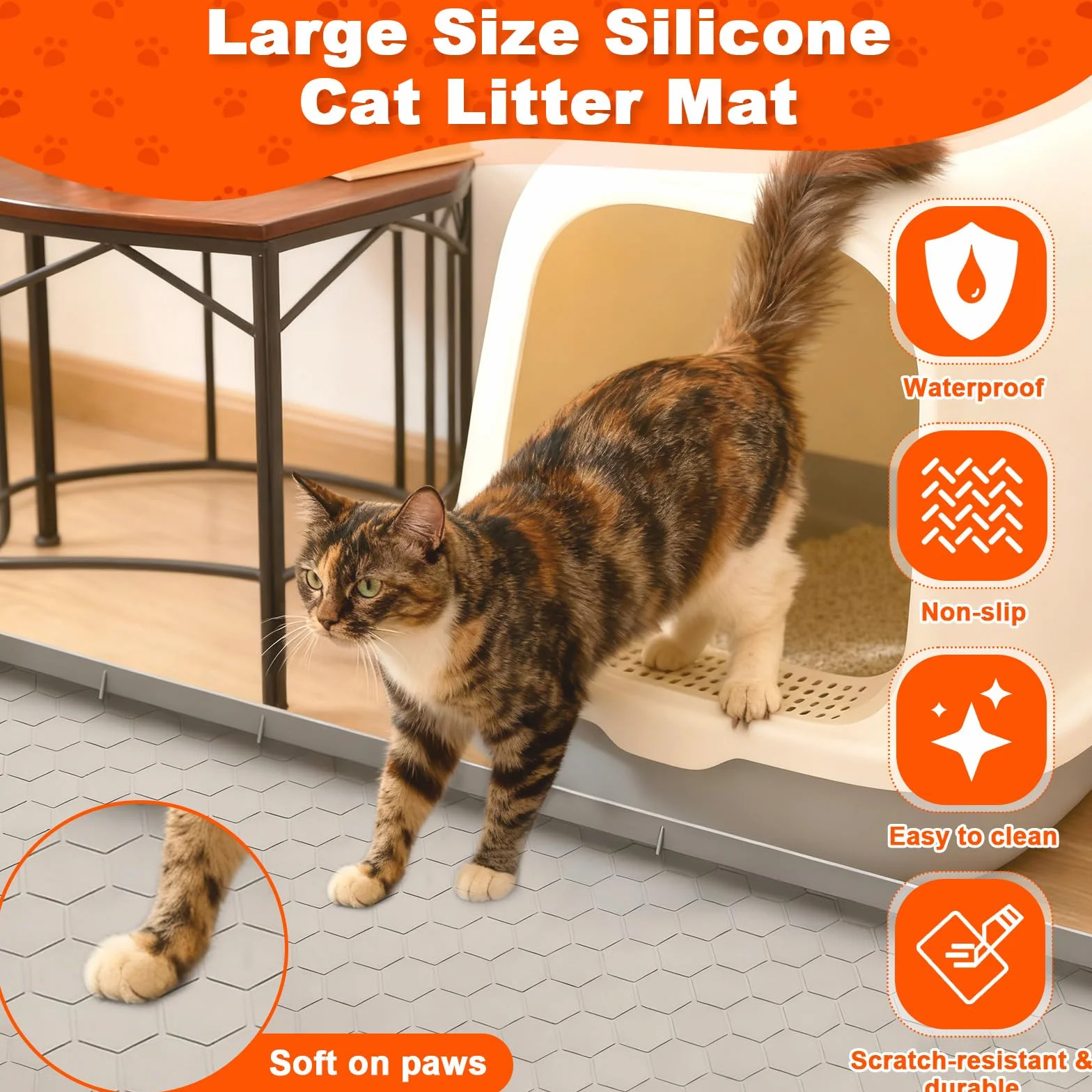 Tappetino Lettiera Gatto per Gatti con Bordi Rialzati, Tappeto Silicone Extra Grande 86x56cm, Mat Alimentare Morbido Sulle Zampe & Facile Pulire, Protezione Impermeabile Antiscivolo Resistente(Grigio)