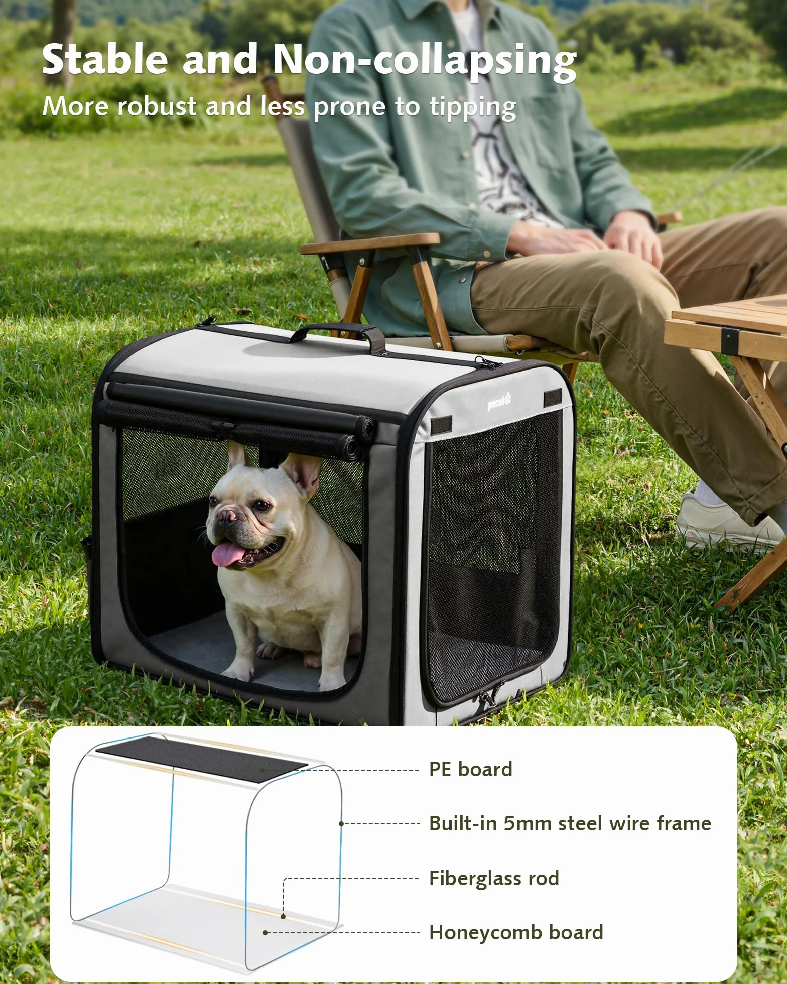 Pecute Trasportino Cani Stabile Leggero, per viaggi e auto, Portatile Con Finestre Traspiranti, Pieghevole Per Animali Domestici, Uso Interno Esterno, 61×45×52 cm, Grigio