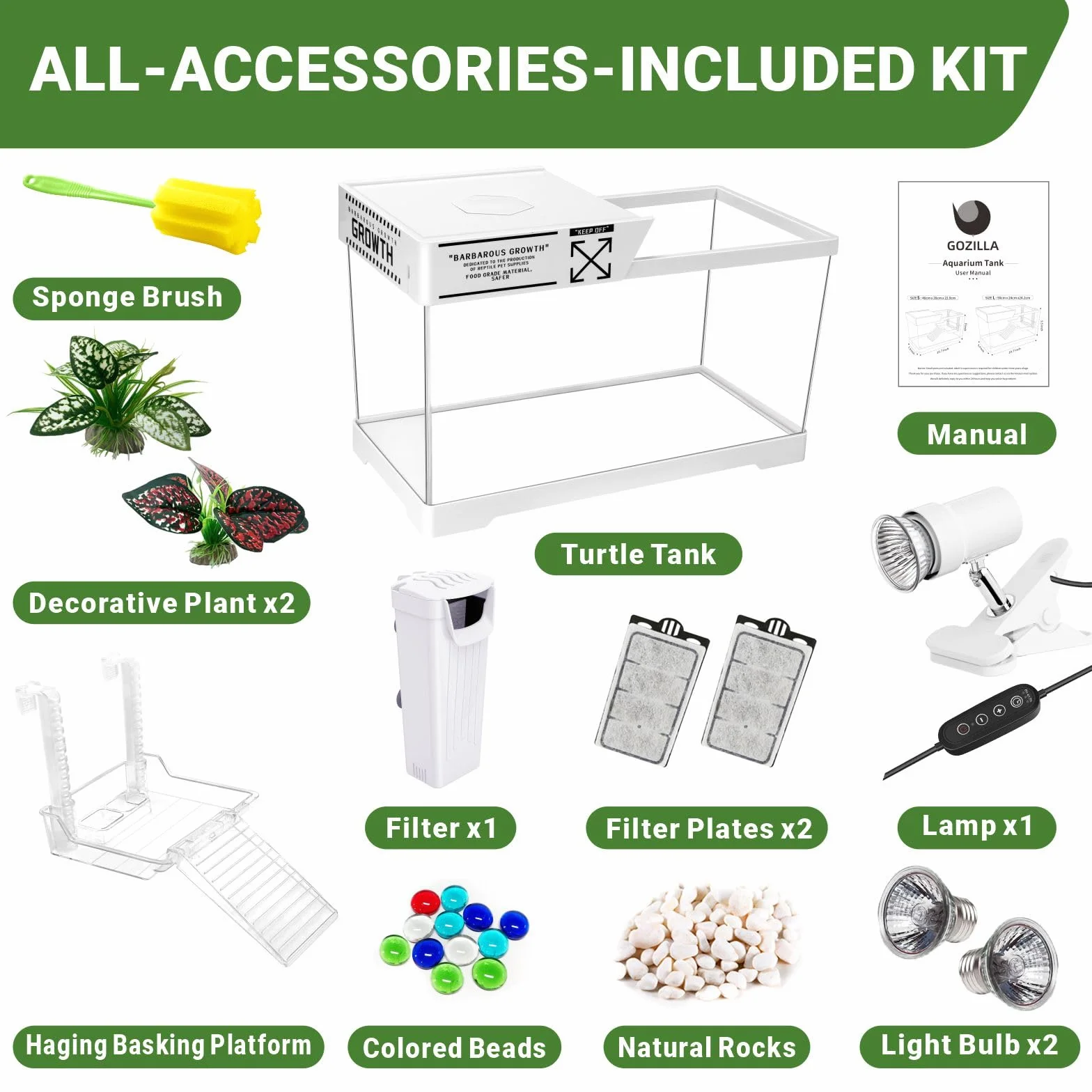 GOZILLA Kit Acquario per Tartarughe Acquatiche con Lampada e Filtro Regolabili, Habitat Rettili con Coperchio