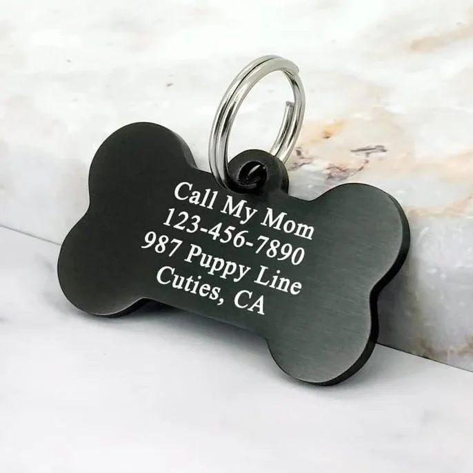 Medaglietta per Animali in Alluminio Annodizzato per Cane o Gatto, Forma Osso 4cm, Incisione Personalizzata