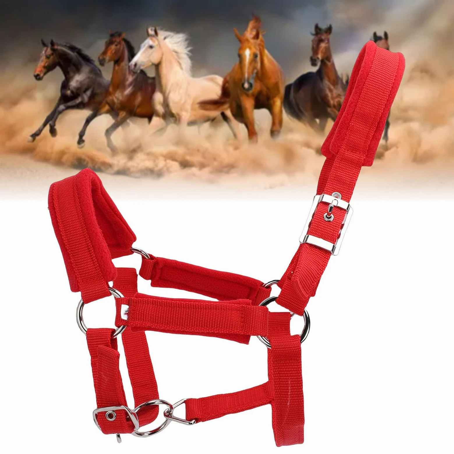 Cavezze per cavallo regolabili in nylon morbido e resistente, rosse, capezzale da equitazione con cinturino in nylon PP largo 25 mm con fibbia in metallo per cavallo medio, per