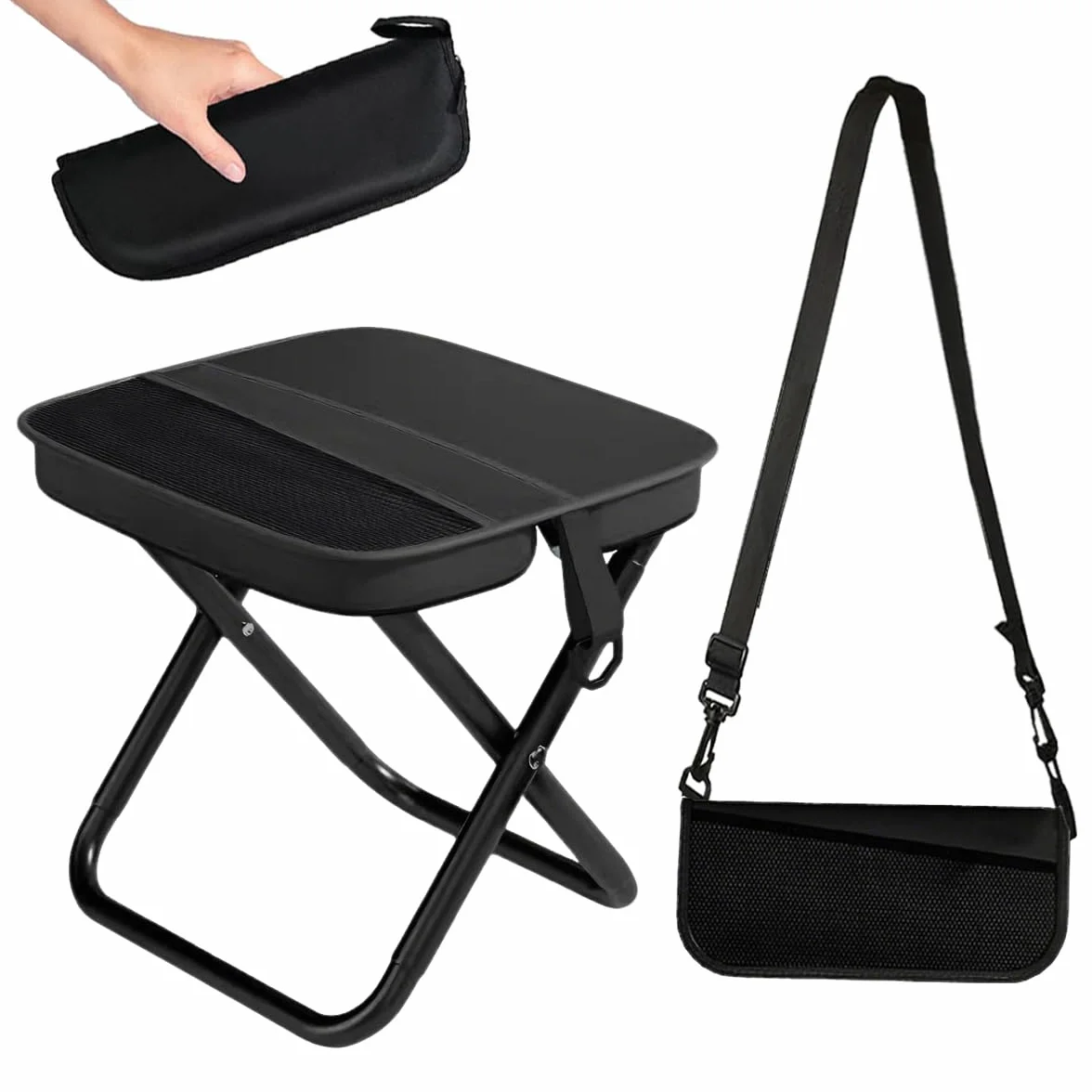 Sedia Pieghevole Portatile, Mini Sedia Pieghevole per Esterni con Tracolla e Sacchetto a Rete, Sgabello Pieghevole da Campeggio per Viaggi Escursionismo Giardino Pesca Barbecue (Black)