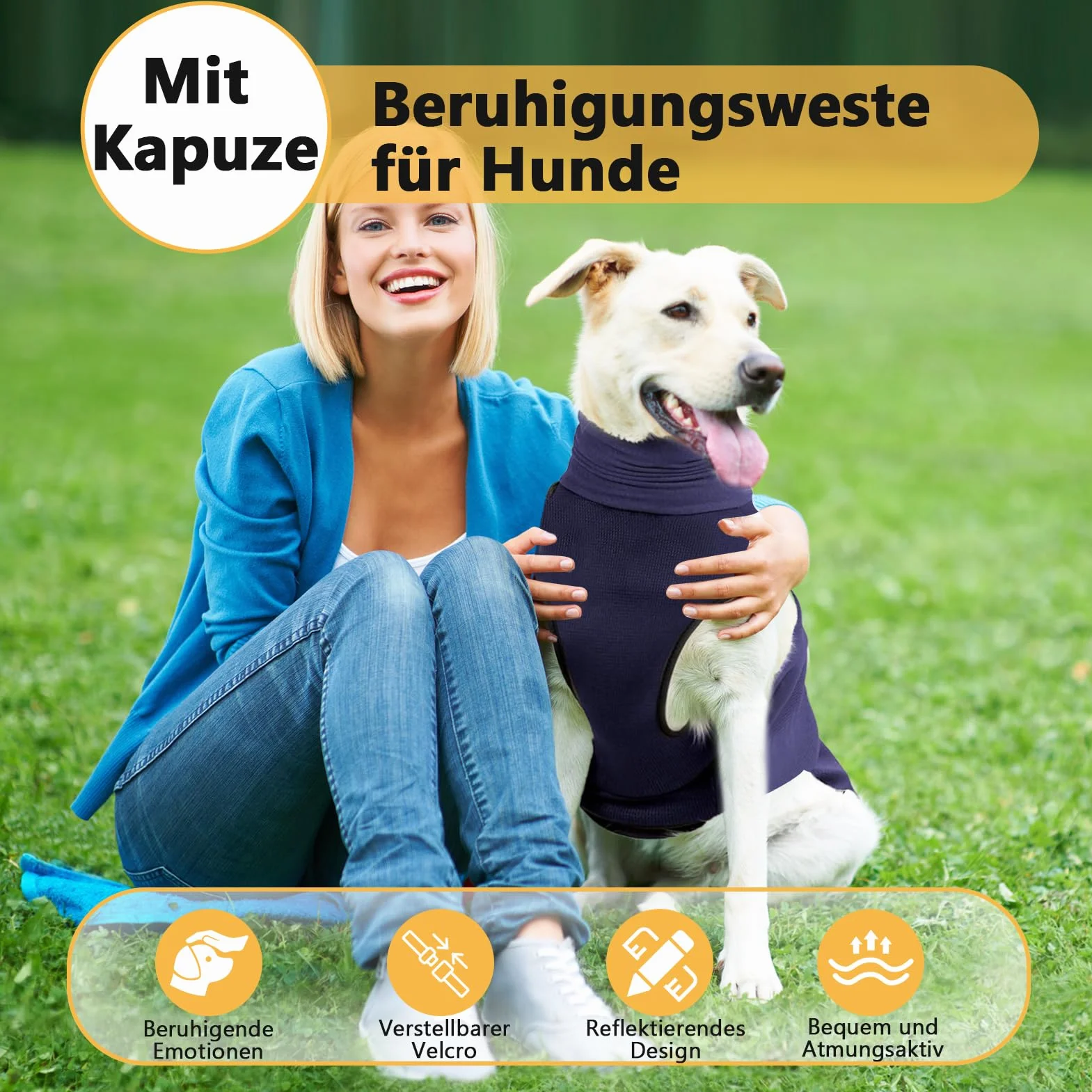 Gilet calmante per cani con cappuccio e strisce riflettenti, regolabile, traspirante, blu scuro 3XL