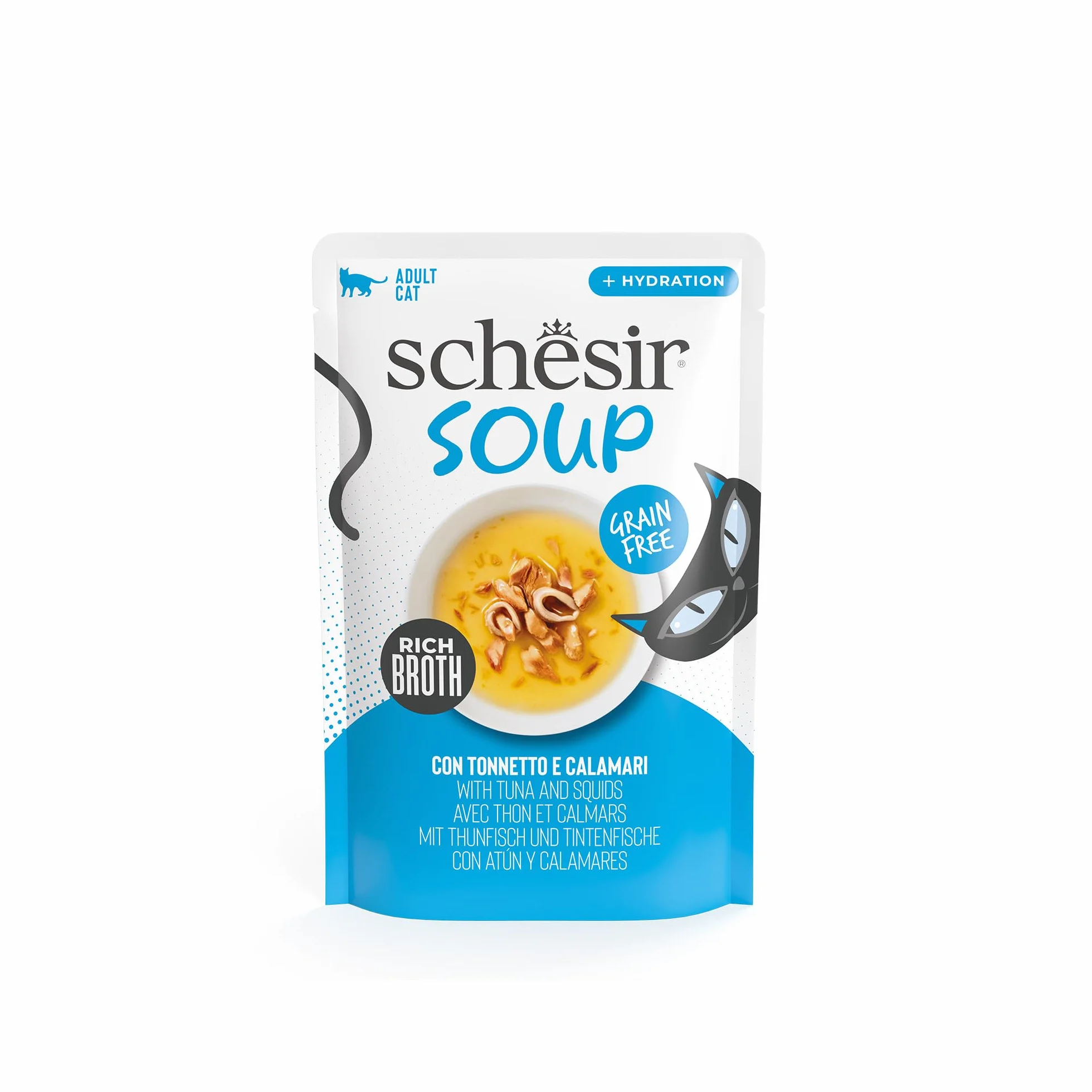 Schesir, Zuppa con Filetti di Tonno e Calamari, in busta, Cibo Umido Complementare per Gatti, Ricetta Originale, 100% Naturale, Cruelty Free, 12 x 40g