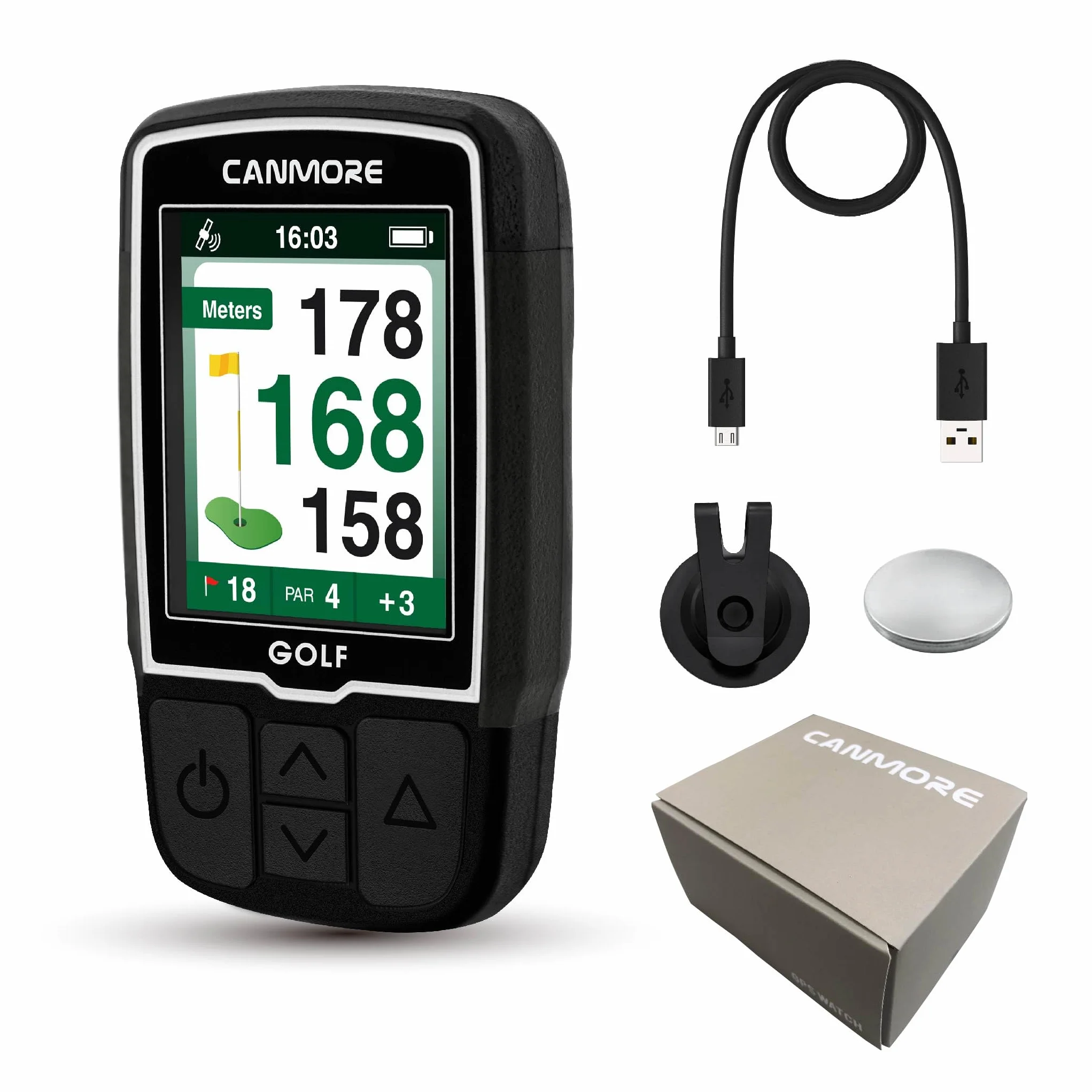 Dispositivo GPS portatile per golf CANMORE HG200 PRO, oltre 41.000 campi precaricati in tutto il mondo, chip IC aggiornato, cavo di ricarica micro USB, nero