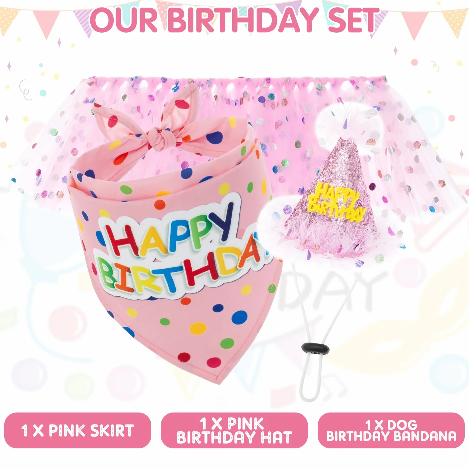 SCENEREAL Bandana compleanno cani con cappello vestito ragazze, gonna tutù rosa cani piccola media grande