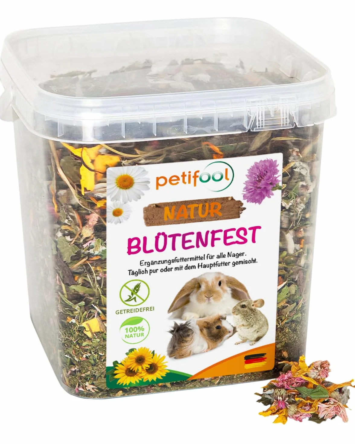 petifool Fiore resistente, 380 g, mangime complementare per roditori, mangime naturale per conigli, porcellini d'India, criceti, cincillà e molto altro ancora, senza additivi artificiali, 100%