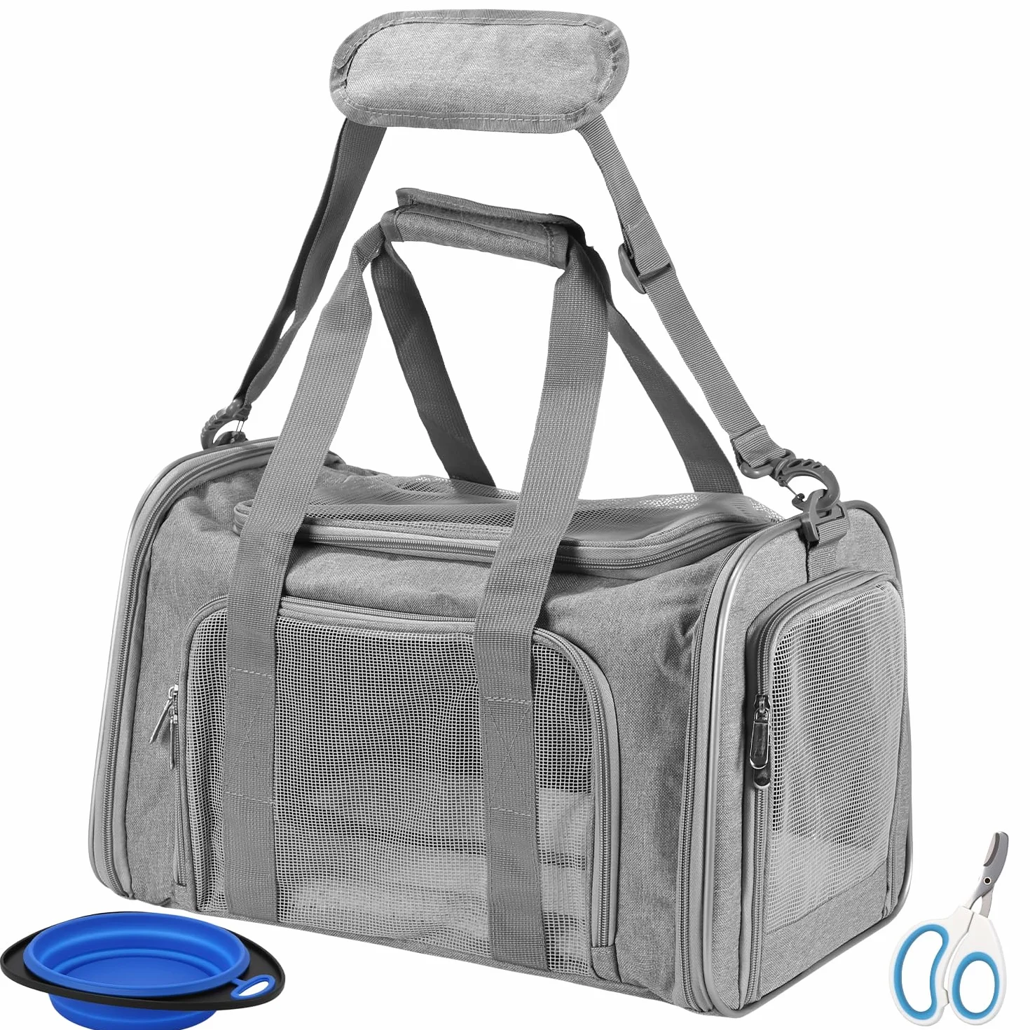 Trasportino Gatto e Cane Piccola/Media Taglia, Borsa Zaino Trasporto Morbido e Traspirante con Tracolla e Cuscino Lavabile, 45x28x28cm, Portatile per Auto/Aereo (Grigio) (Grey L)