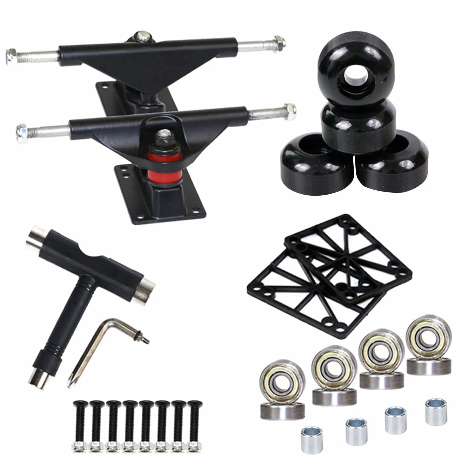 Set Completo Skateboard con Truck Coppia in Metallo 4 Ruote PU 8 Cuscinetti Kit Montaggio Double Kick