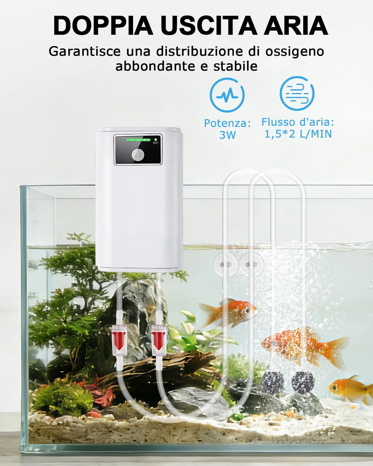 Aeratore Acquario, Pompa Acquario Portatile Ossigenatore Per Acquario USB gorgogliatore 2600mAh, due modi di alimentazione del gorgogliatore 1.5-2L/min*2