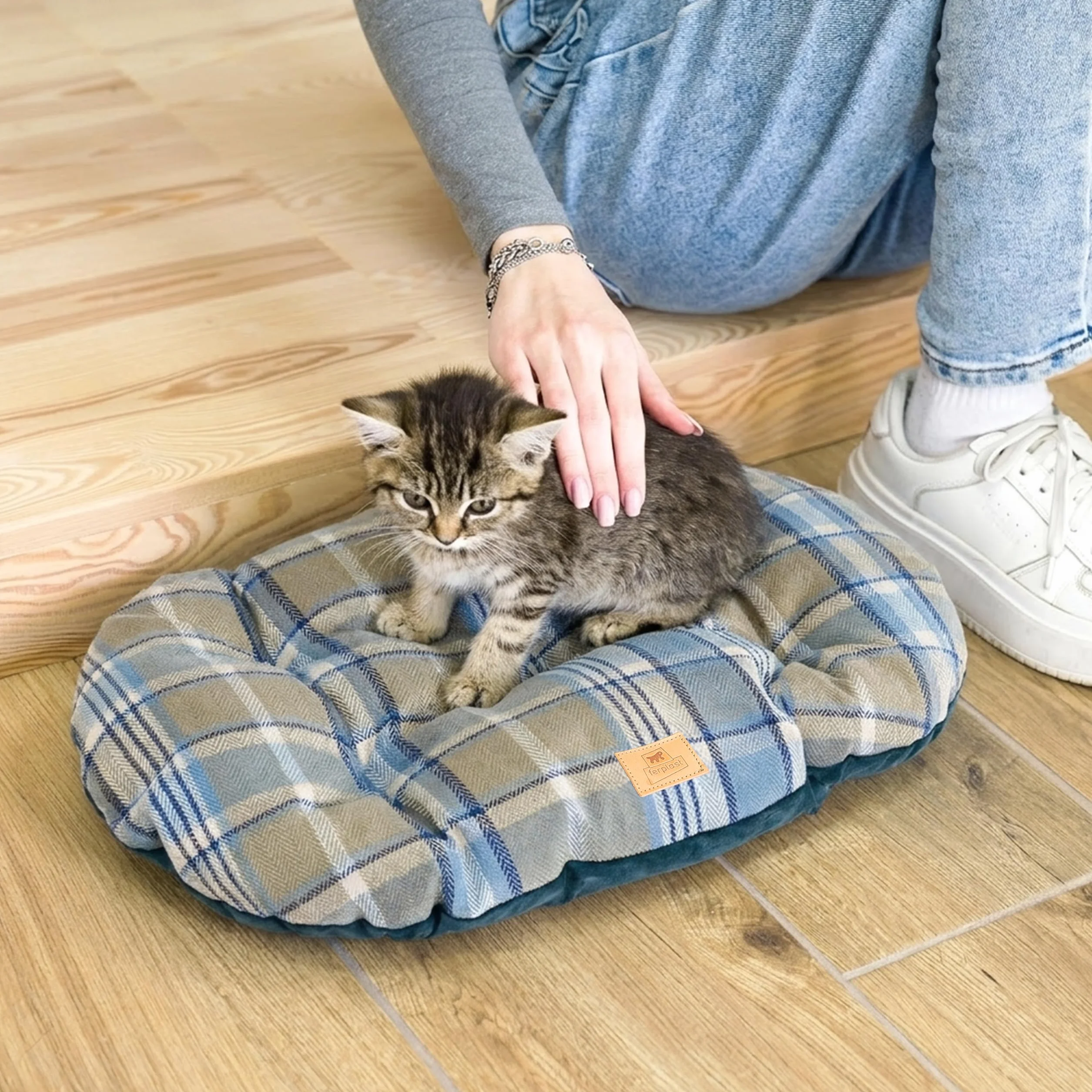 Ferplast Cuscino imbottito per cani e gatti SCOTT 45/2, Double-face, Scozzese, Soffice velluto, Lavabile, Blu