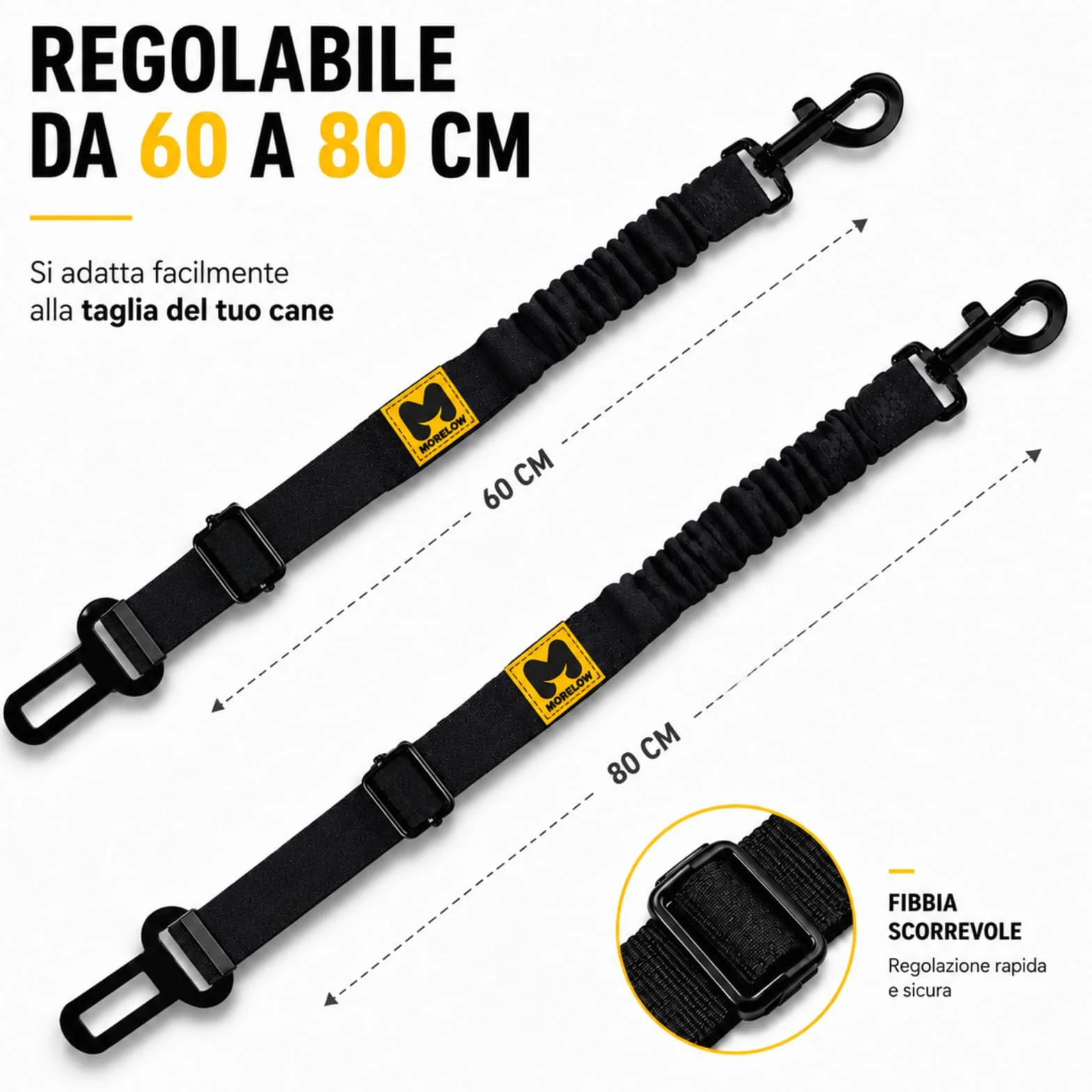 MORELOW Cintura Auto Per Cani - Cintura di Sicurezza per Cani Elastica Anti Shock che Riduce gli Strappi - Regolabile con Gancio Rinforzato - Compatibile con Tutte le Auto