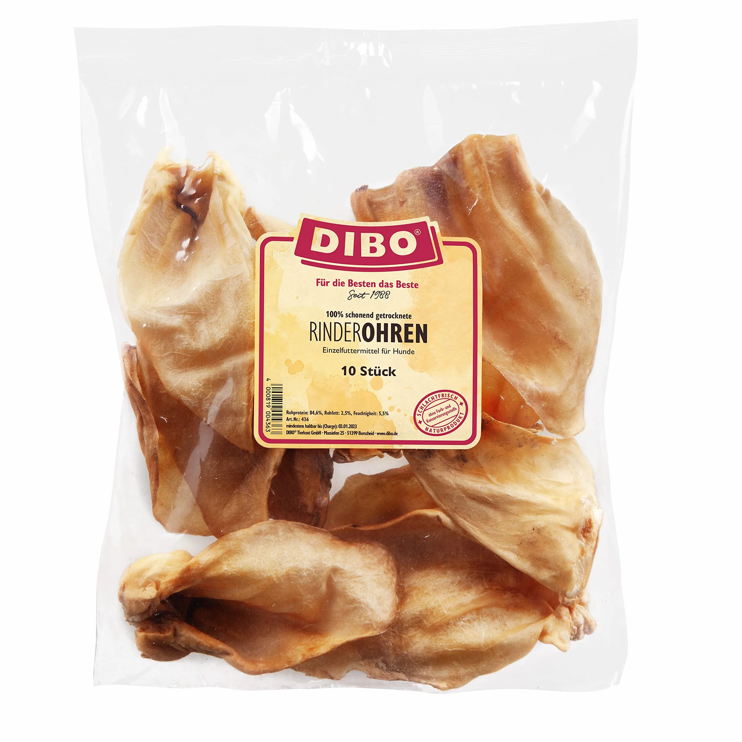 DIBO Orecchie di manzo, 10 sacchetti, piccoli snack o dolcetti per cani, prodotti da masticare di qualità senza prodotti chimici