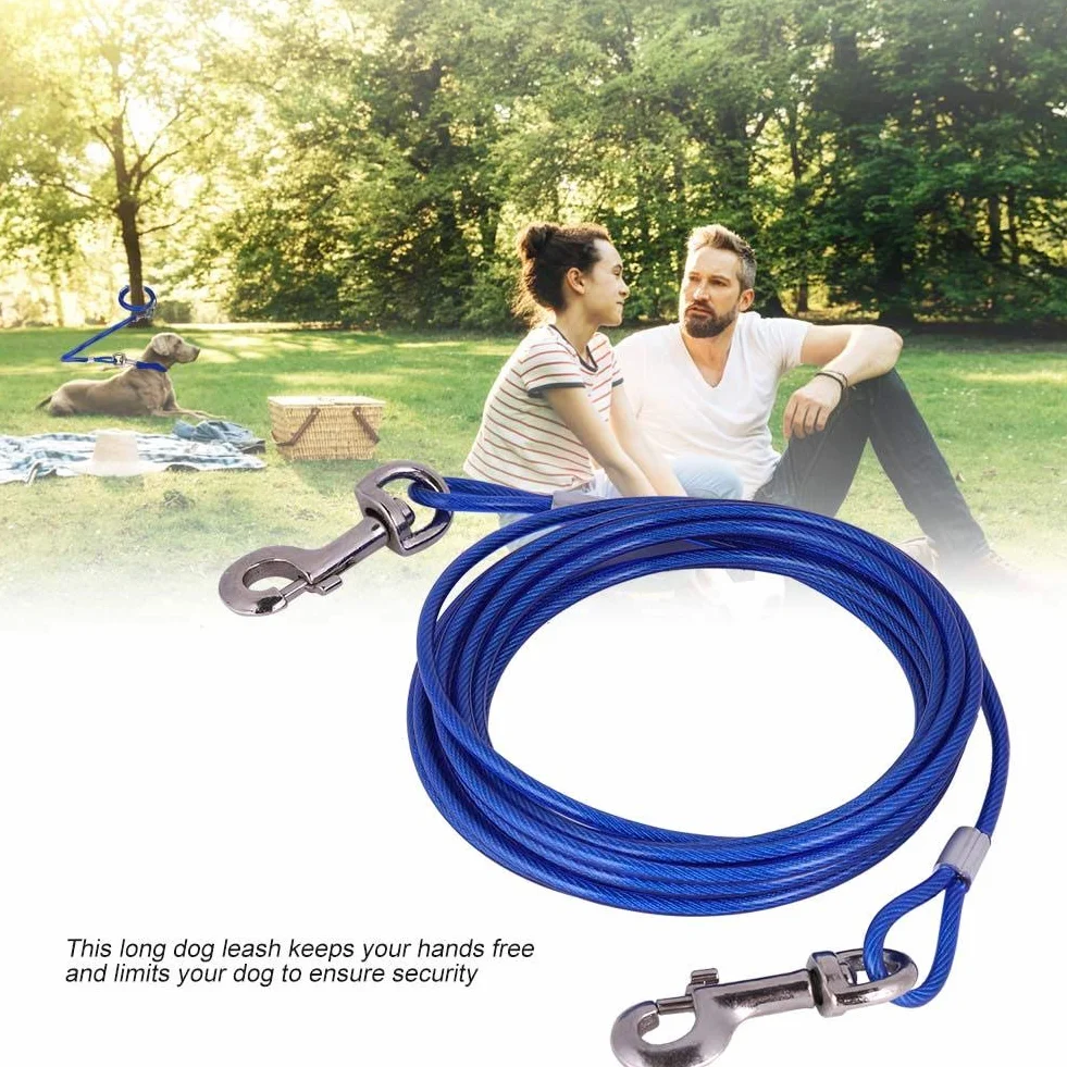 Dog Chain Extendable for Pets Long Steel Wire Dog Rope with Double Clips, Chew Resistant Tie Out for Picnic, Camping, Outdoor Use Secure Animal Safety with Durable Cord (Blue)