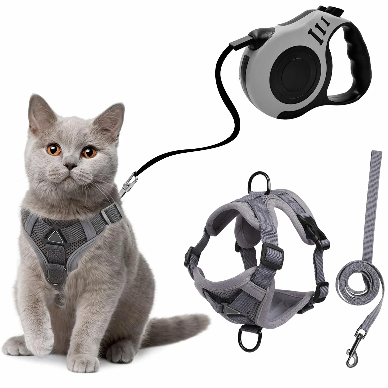 TYXHXTF Pettorina Gatto con Guinzaglio per Gatti Allungabile, Imbracatura per Gatti Antifuga, con Riflettente, Morbido Traspirante Pettorina Gatto, per Cuccioli Passeggiate all'aperto (Grigio)