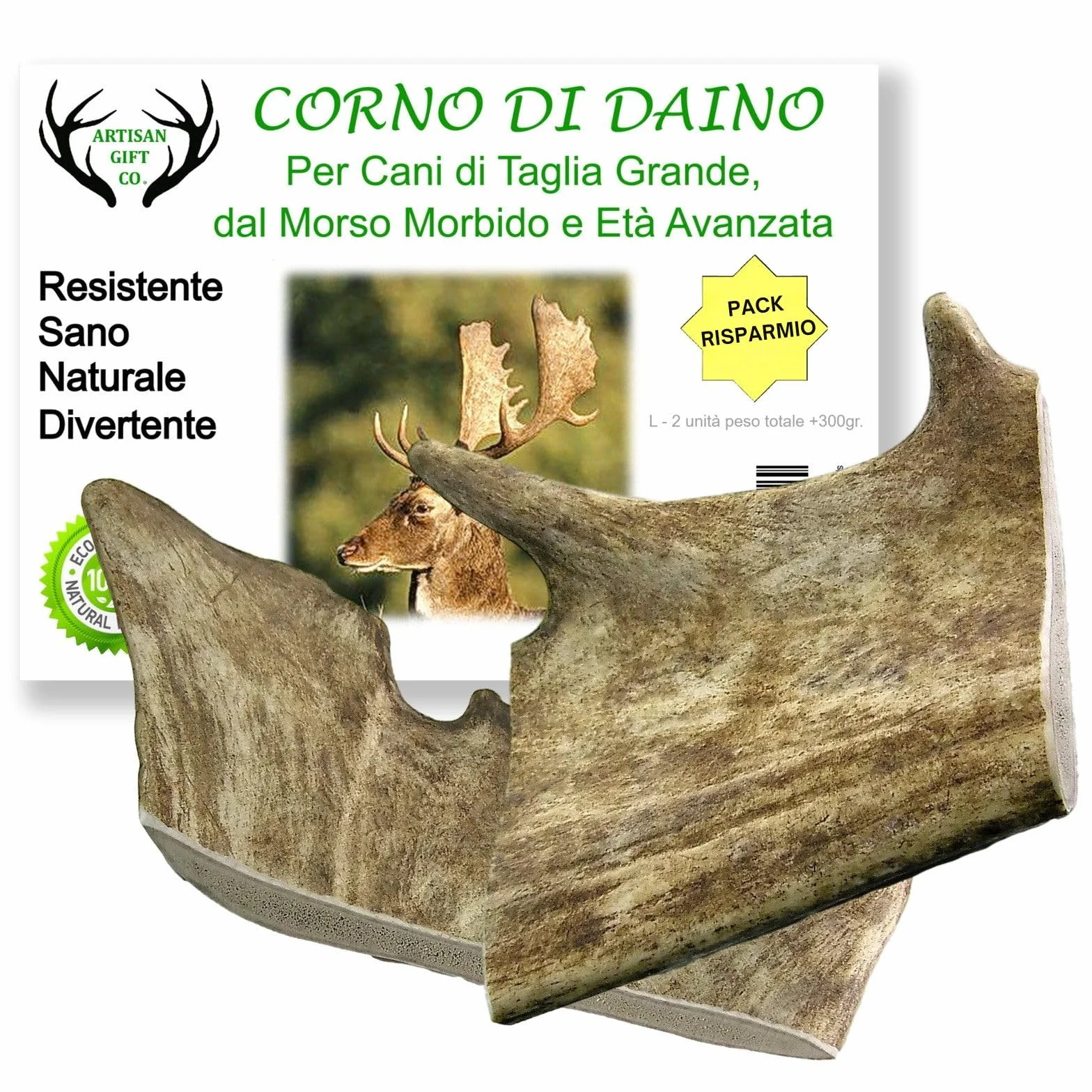 Corno di Daino per Cani, Taglia L -2 un, Peso Minimo Confezione 300gr. | Mordicchio naturale per cani adulti, anziani e cuccioli