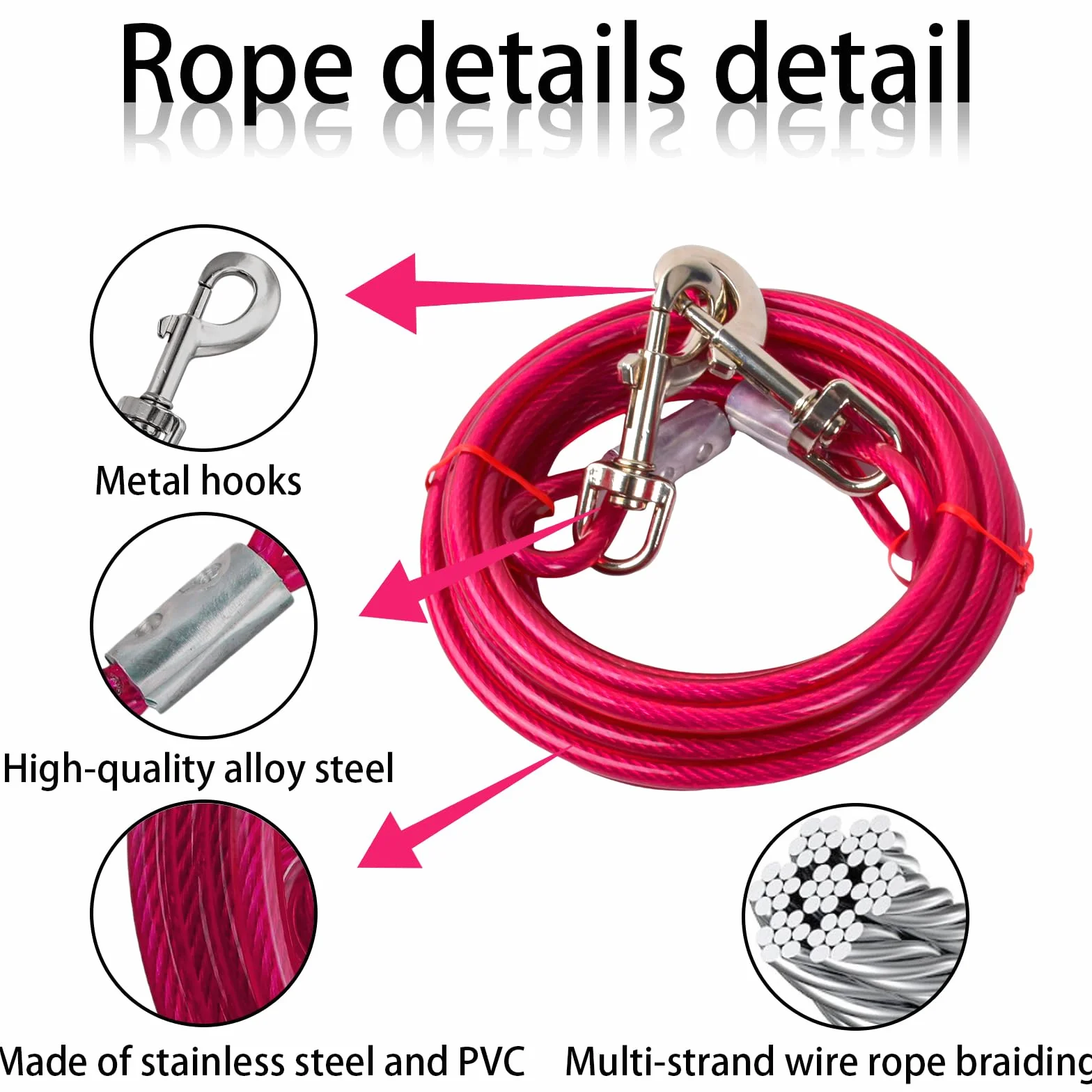 5 m Guinzaglio per Cani con 42 cm Picchetto a Terra, Cavo Acciaio Inossidabile 6mm con Gancio 360°, Fino a 250 kg, PVC Coated, Cavo Legare per Cane Grande Media Piccola Campeggio Giardino (5m Rosa)