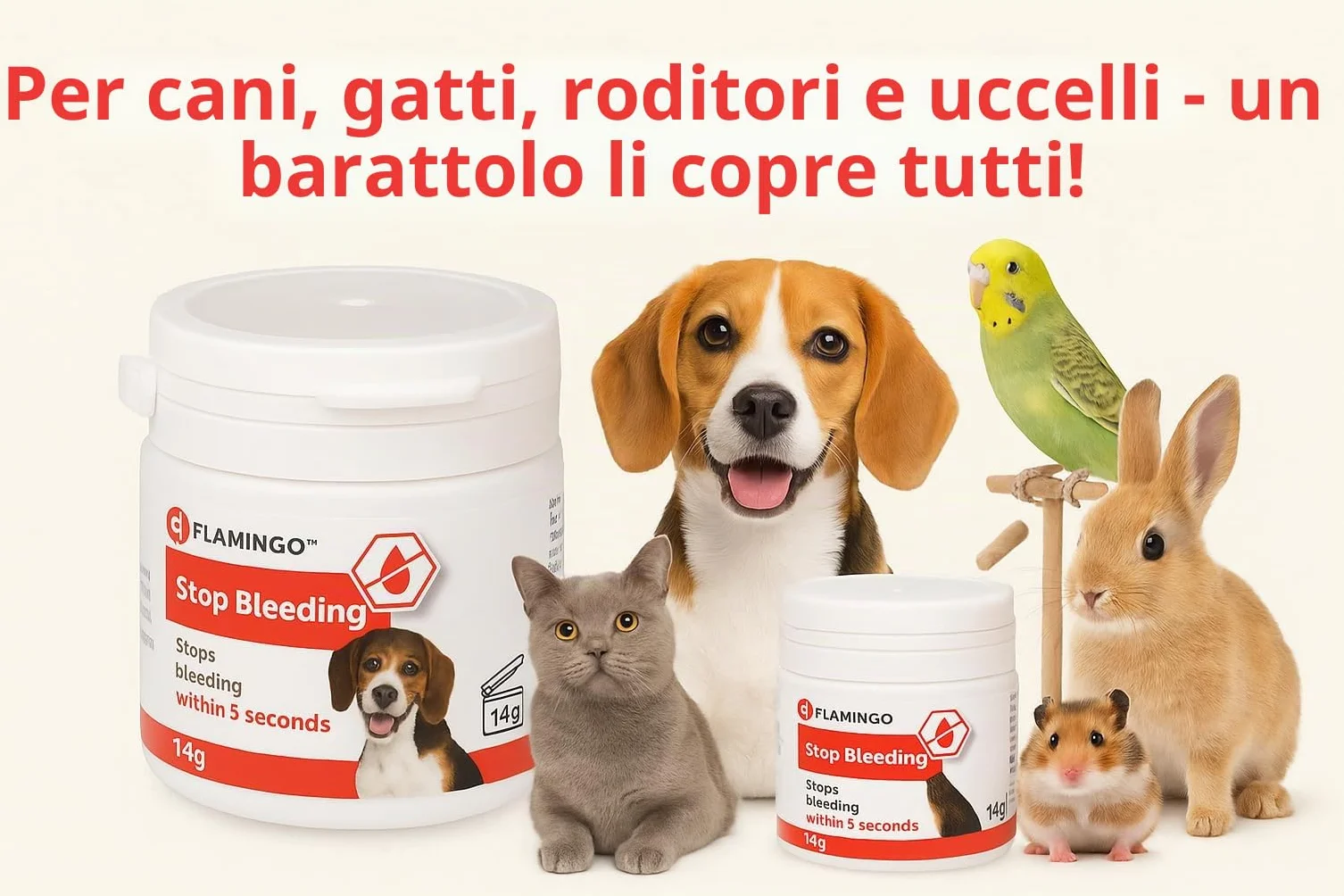 Flamingo Polvere Emostatica per Cani, Gatti e Piccoli Animali – arresta Il sanguinamento in 5 Secondi – per Unghie e ferite superficiali – Effetto lenitivo e disinfettante – Dalko