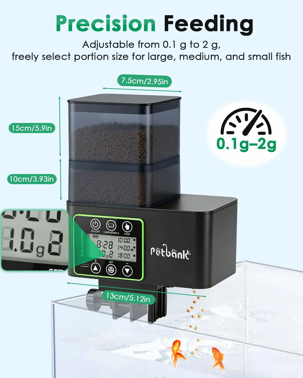 Mangiatoia Automatica Acquario-230/510ml Distributore Automatico Cibo Pesci con Alimentazione di Precisione 0.1-2g,Mangiatoia Acquario Antiumidità con Pulizia e Allarme Scorte,Ricaricabile Usb