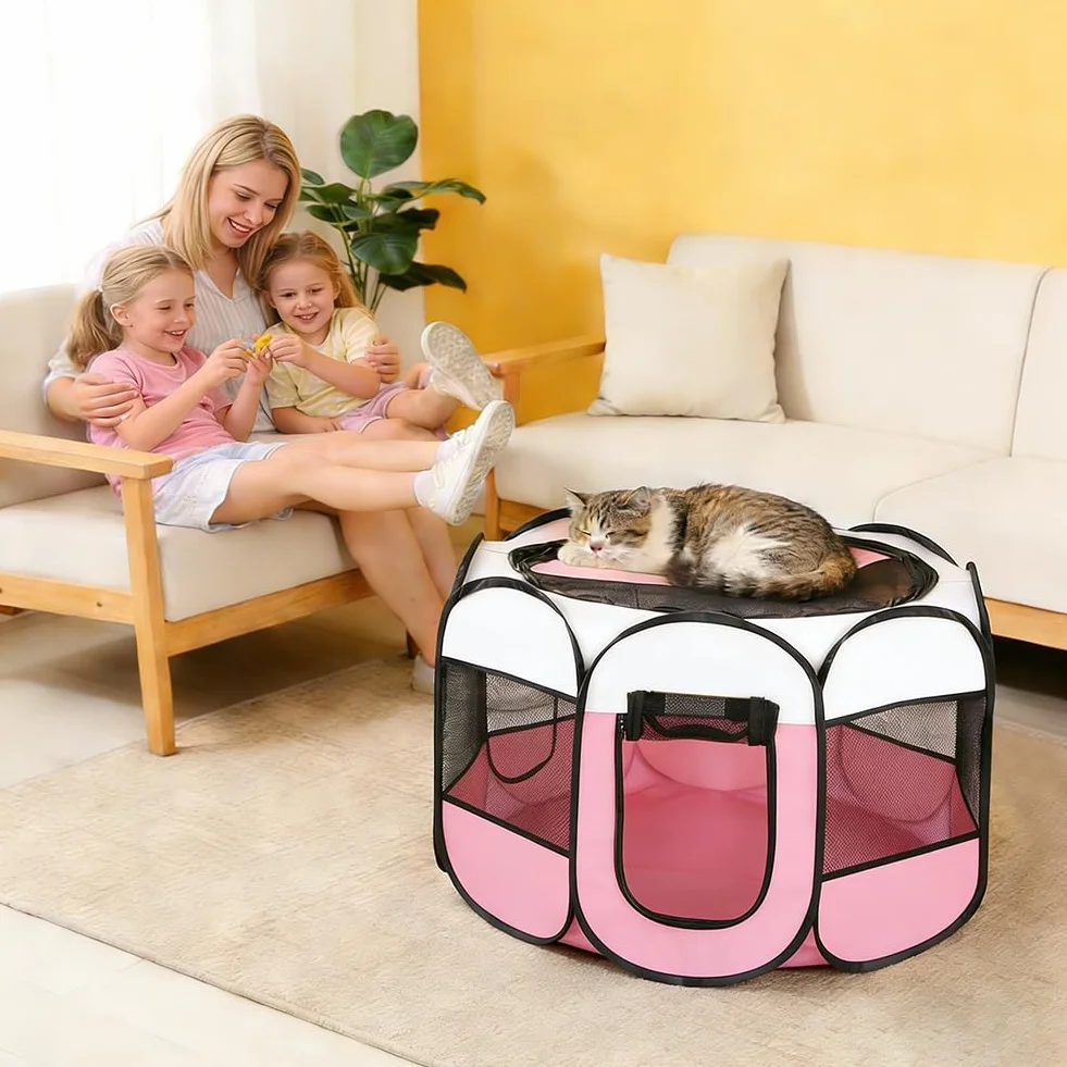 Gabbia per cuccioli per animali domestici, XXL, per cuccioli, per esterni e interni, per piccoli animali come cani e gatti (beige + rosa)