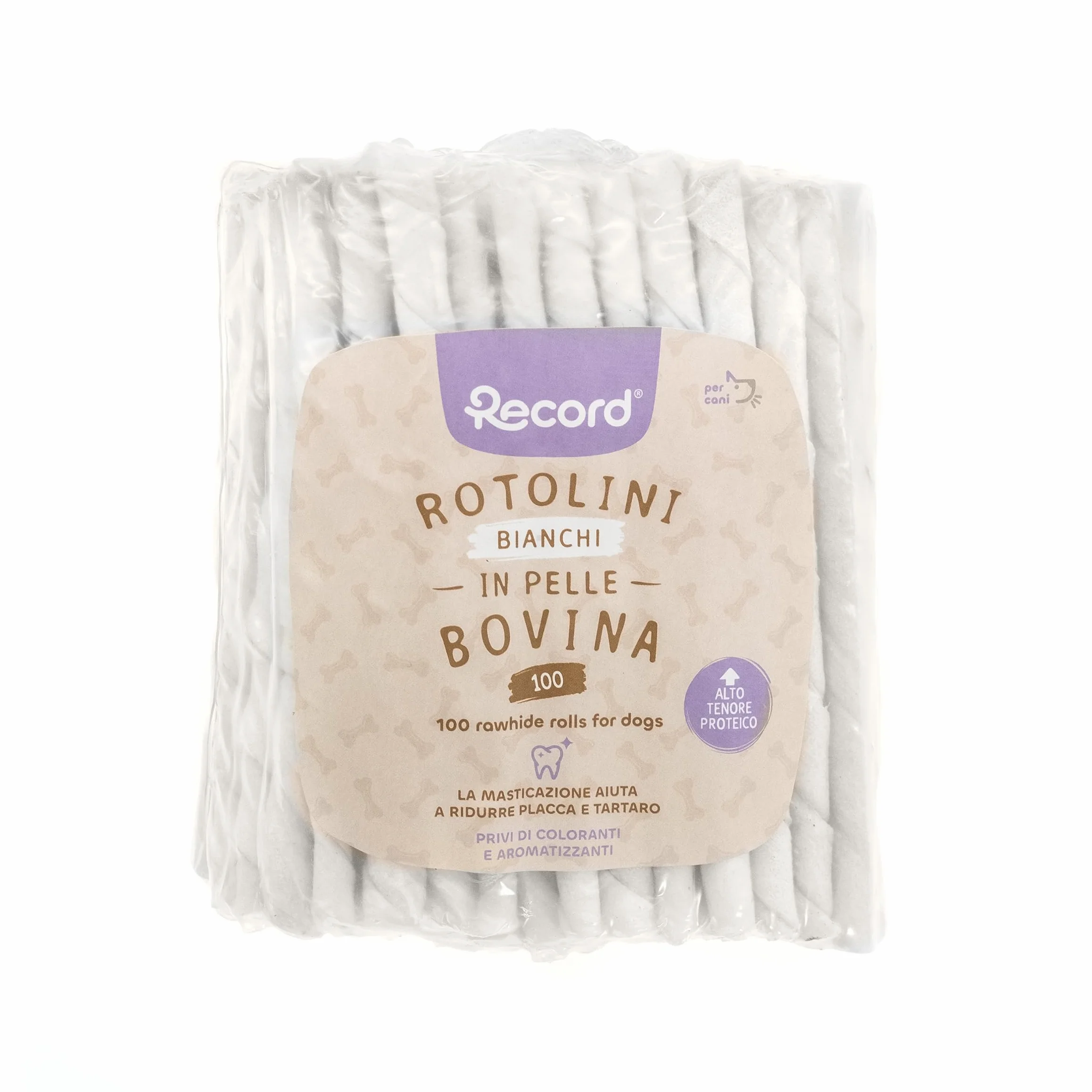 Record - Snack per Cani Stick Termoretratti in Pelle Bovina. Masticativi per Cani Proteici e Naturali, ideali per la Salute Gengivale. Realizzati con Essicazione Naturale | 100 stick Bianchi, 550 gr